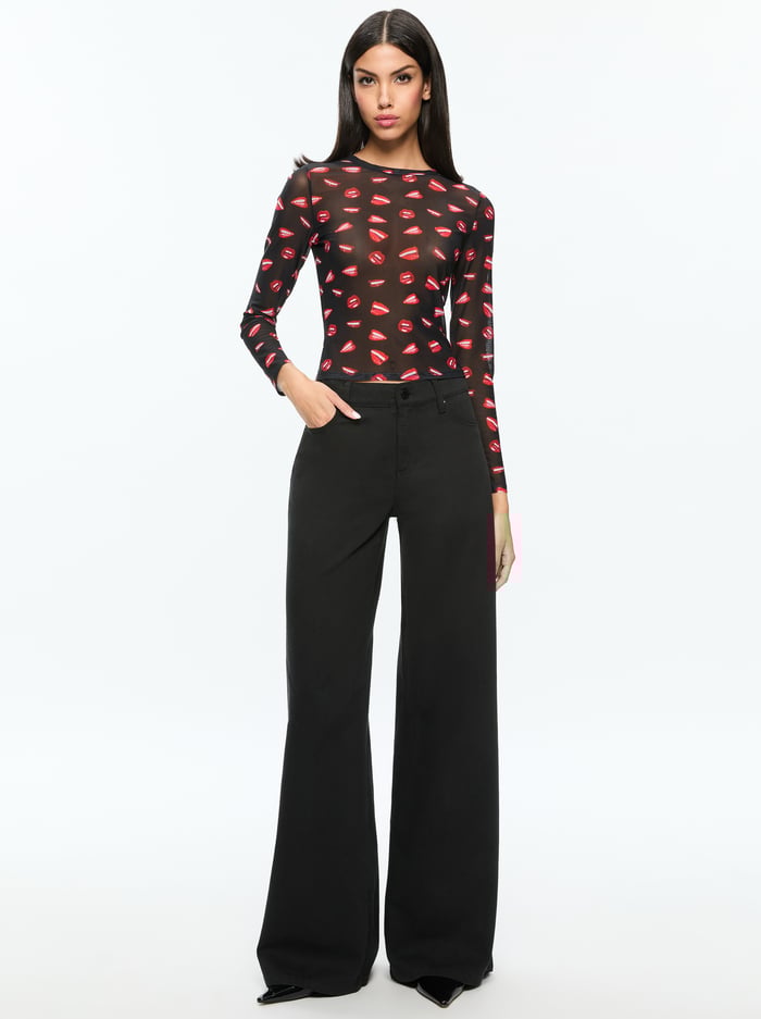 A+O X TOM WESSELMANN DELAINA MESH LONG SLEEVE TOP - LIP SYNC BLACK image 1 - Alice And Olivia