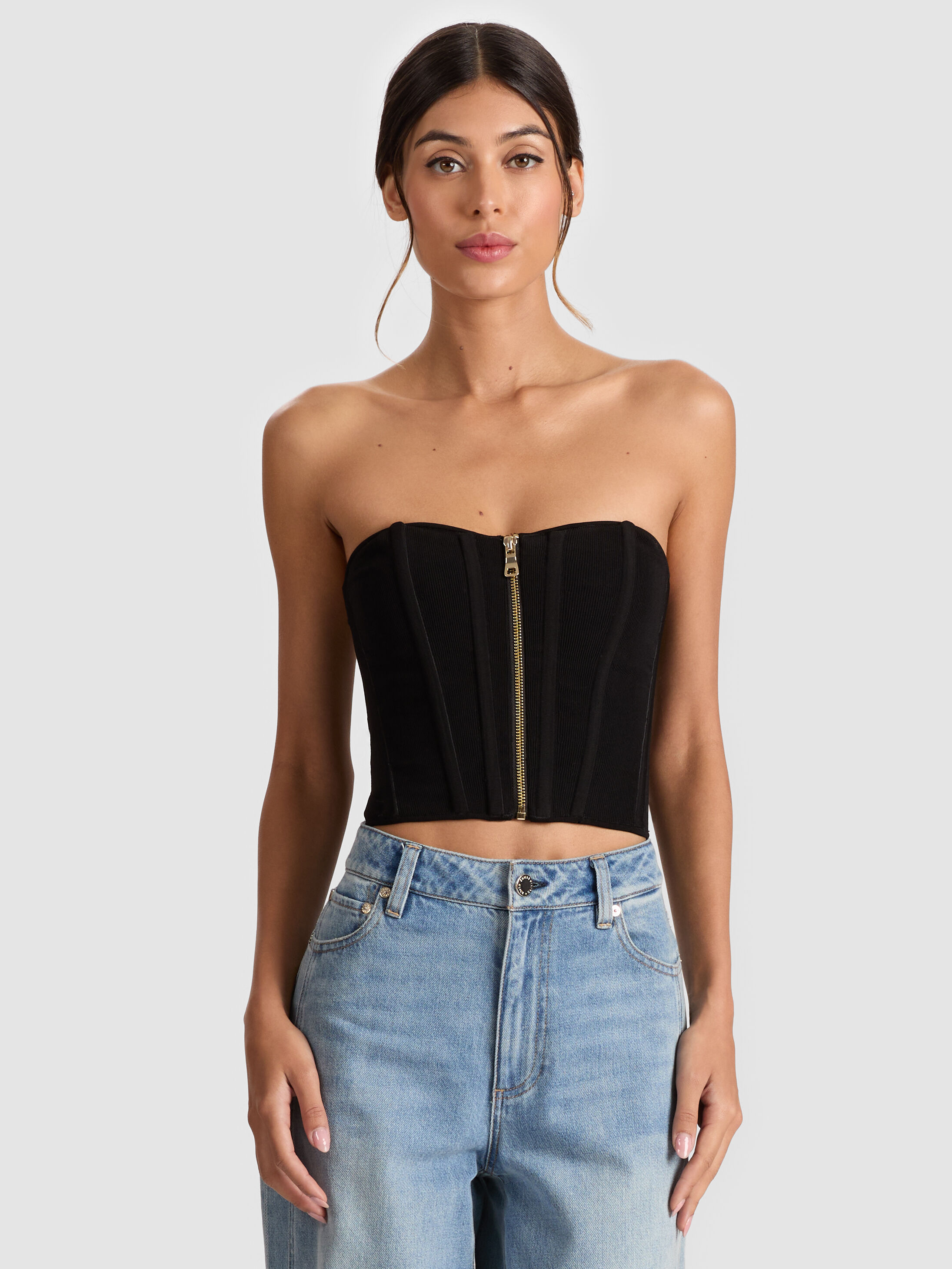 Tasha Zip Front Corset In Black | Alice + Olivia