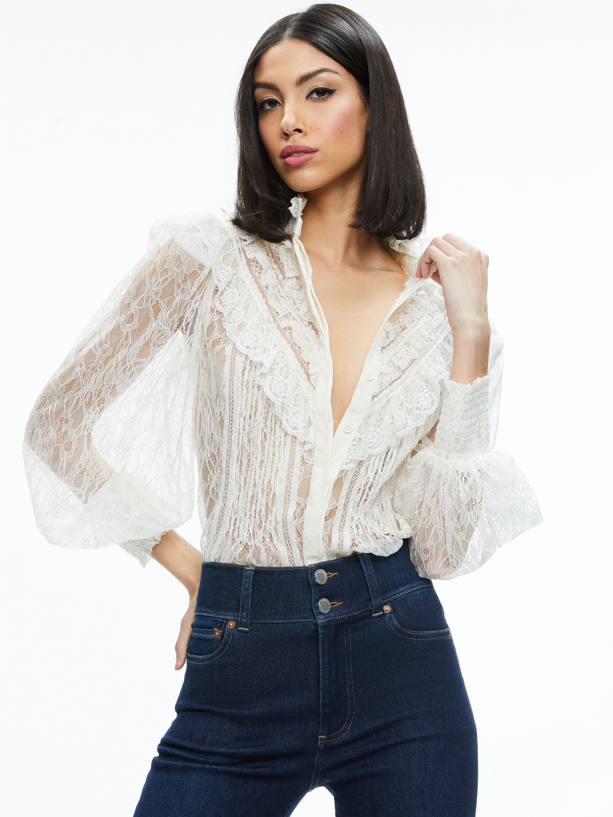 Rheba Mock Neck Button Front Lace Top In Off White Alice And Olivia