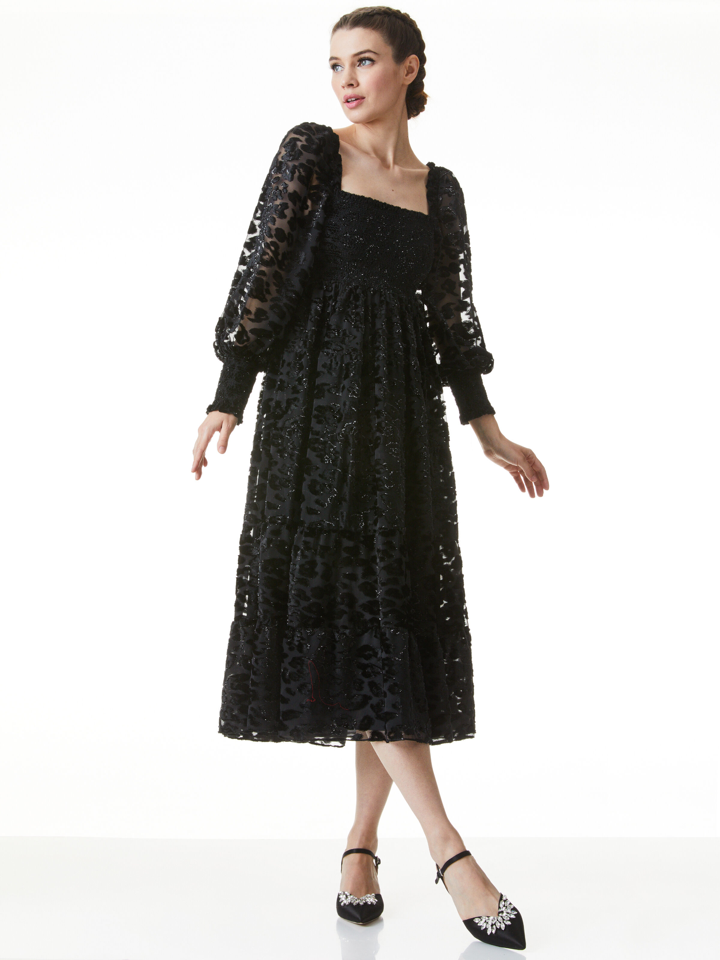 Rowen Leopard Midi Dress In Black | Alice + Olivia