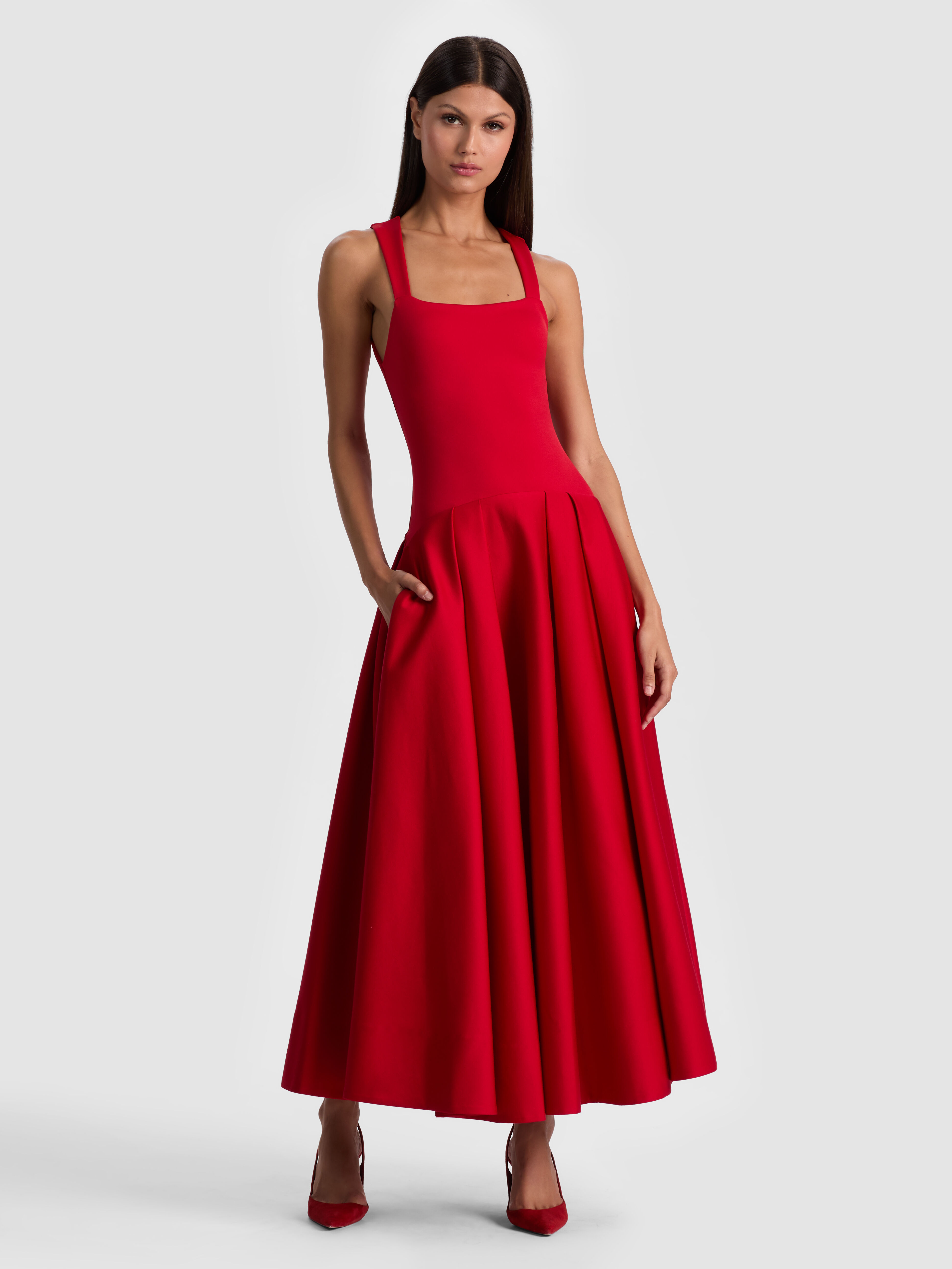 Adley Drop Waist Midi Dress In Perfect Ruby | Alice + Olivia