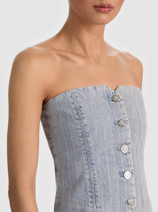 ROCKSTAR BLUE/CLEAR CRYSTAL PI-KELCEY STRAPLESS EMBELLISHED DENIM VEST