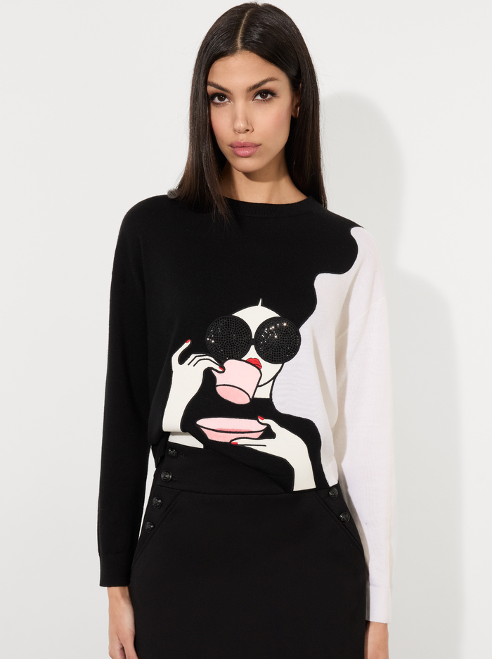 STACEFACE PULLOVER - BLACK/SOFT WHITE MULTI - Alice And Olivia