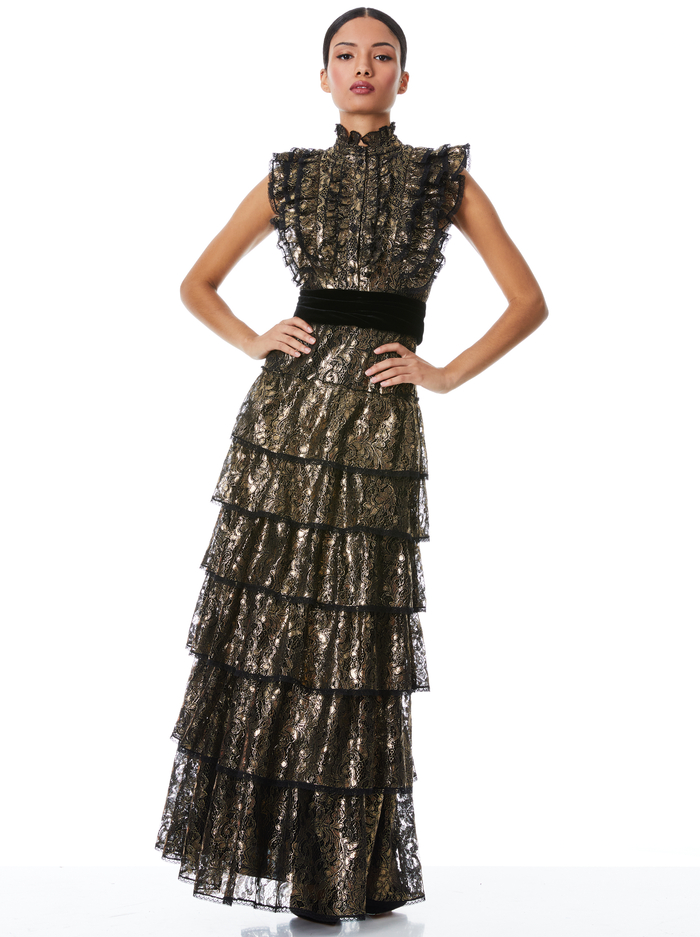 TAHARA RUFFLE SLEEVE TIERED MAXI DRESS - BLACK/GOLD image 4 - Alice And Olivia