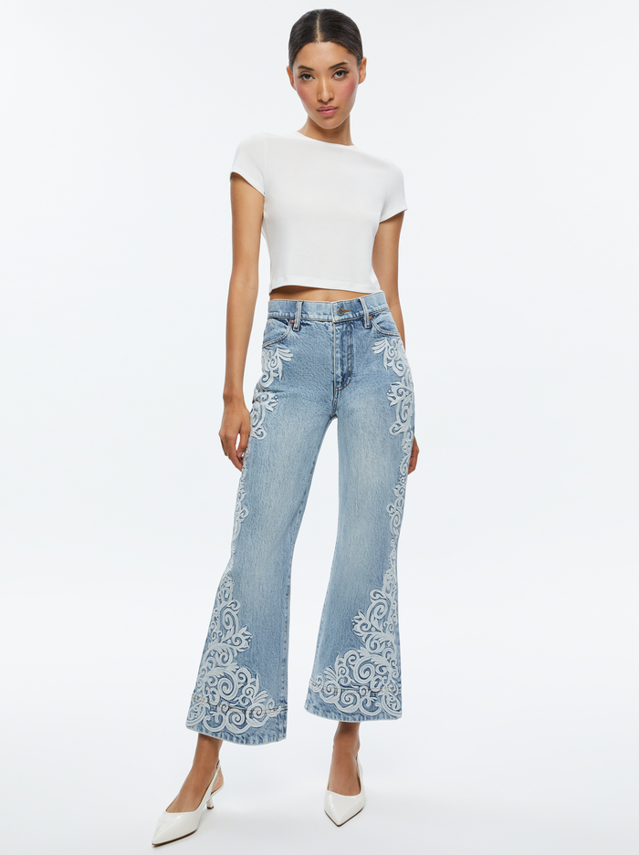 BEAUTIFUL EMBROIDERED CROPPED BELL JEAN - ROCKSTAR BLUE image 5 - Alice And Olivia