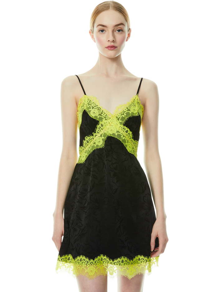 ZAIRA LACE TRIM MINI DRESS - BLACK/LIME PUNCH image 2 - Alice And Olivia