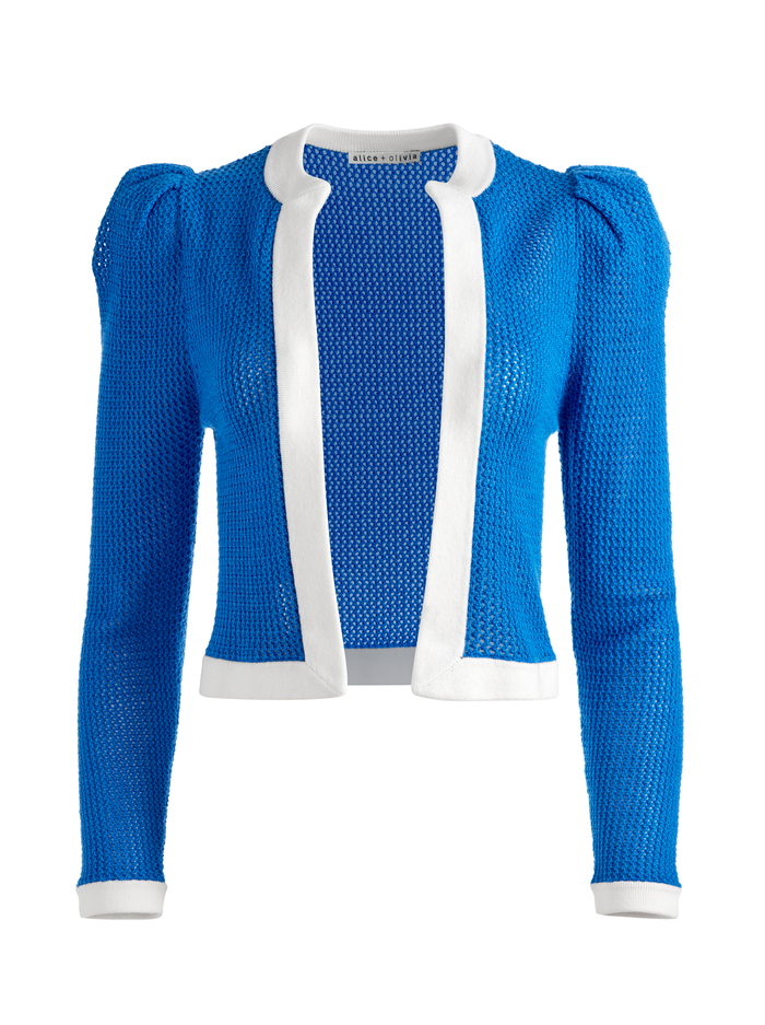 TRINA STRUCTURED SHOULDER CROPPED CARDIGAN - SAPPHIRE/SOFT WHITE image 5 - ALICE + OLIVIA
