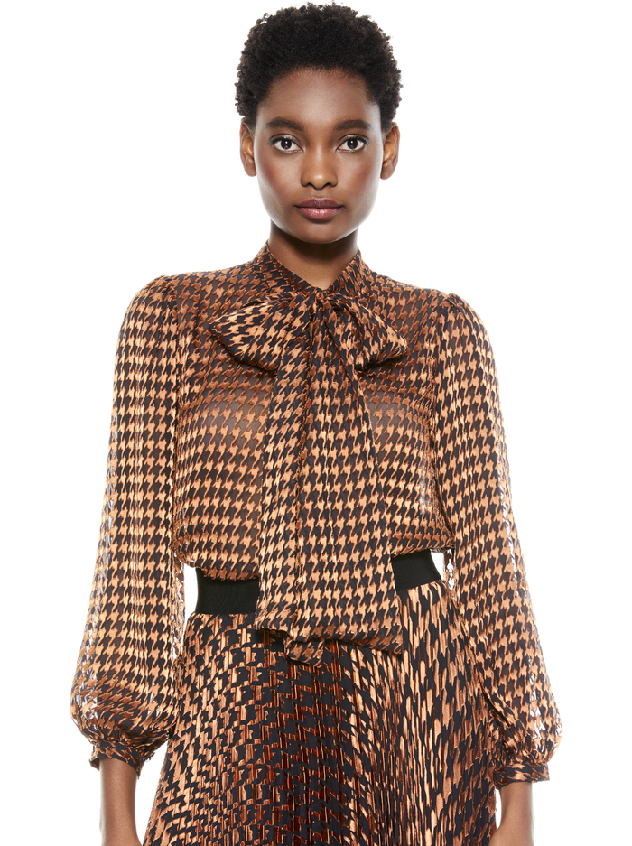 LOLITA HOUNDSTOOTH TIE NECK BLOUSE - HARVEST HOUNDSTOOTH MD image 1 - Alice And Olivia