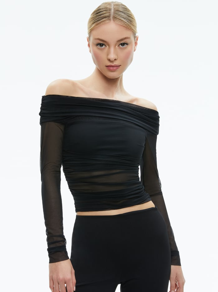 ISADOLA OVER THE SHOULDER RUCHED LONG SLEEVE TOP - BLACK - Alice And Olivia