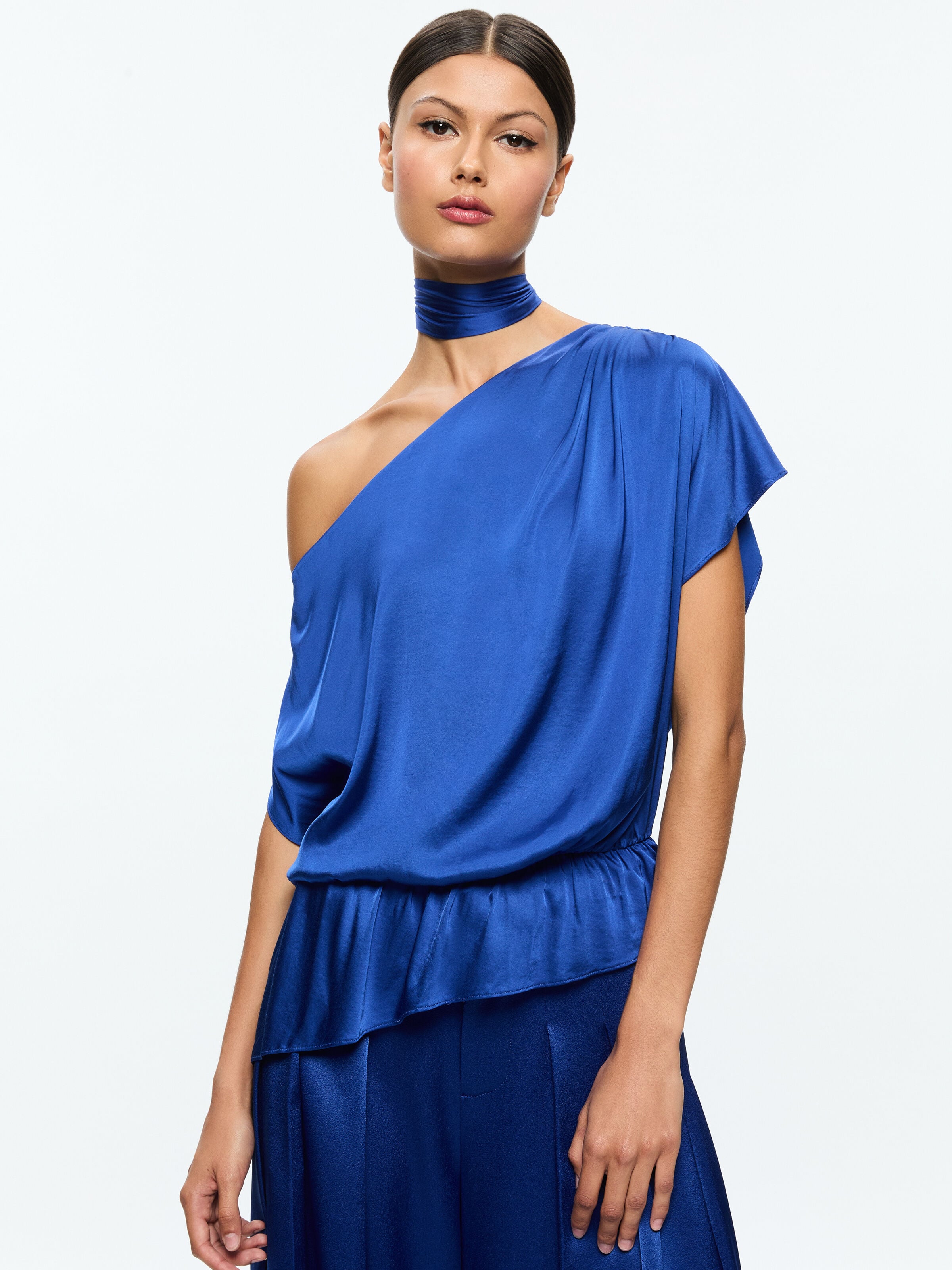 open lace back dress ALICE + OLIVIA Blue One Shoulder Draped Mini Dress