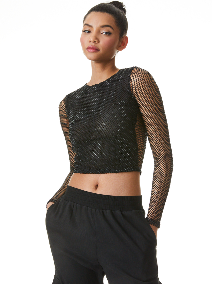 DELAINA CRYSTAL EMBELLISHED CROP TOP - BLACK - Alice And Olivia