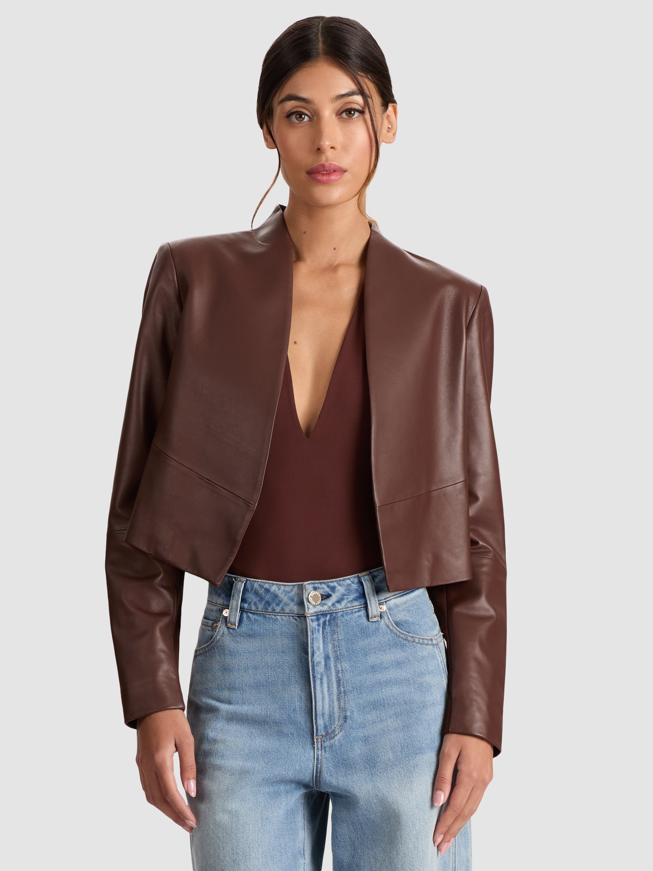 Alice And Olivia New Harvey Leather Jacket In Brown