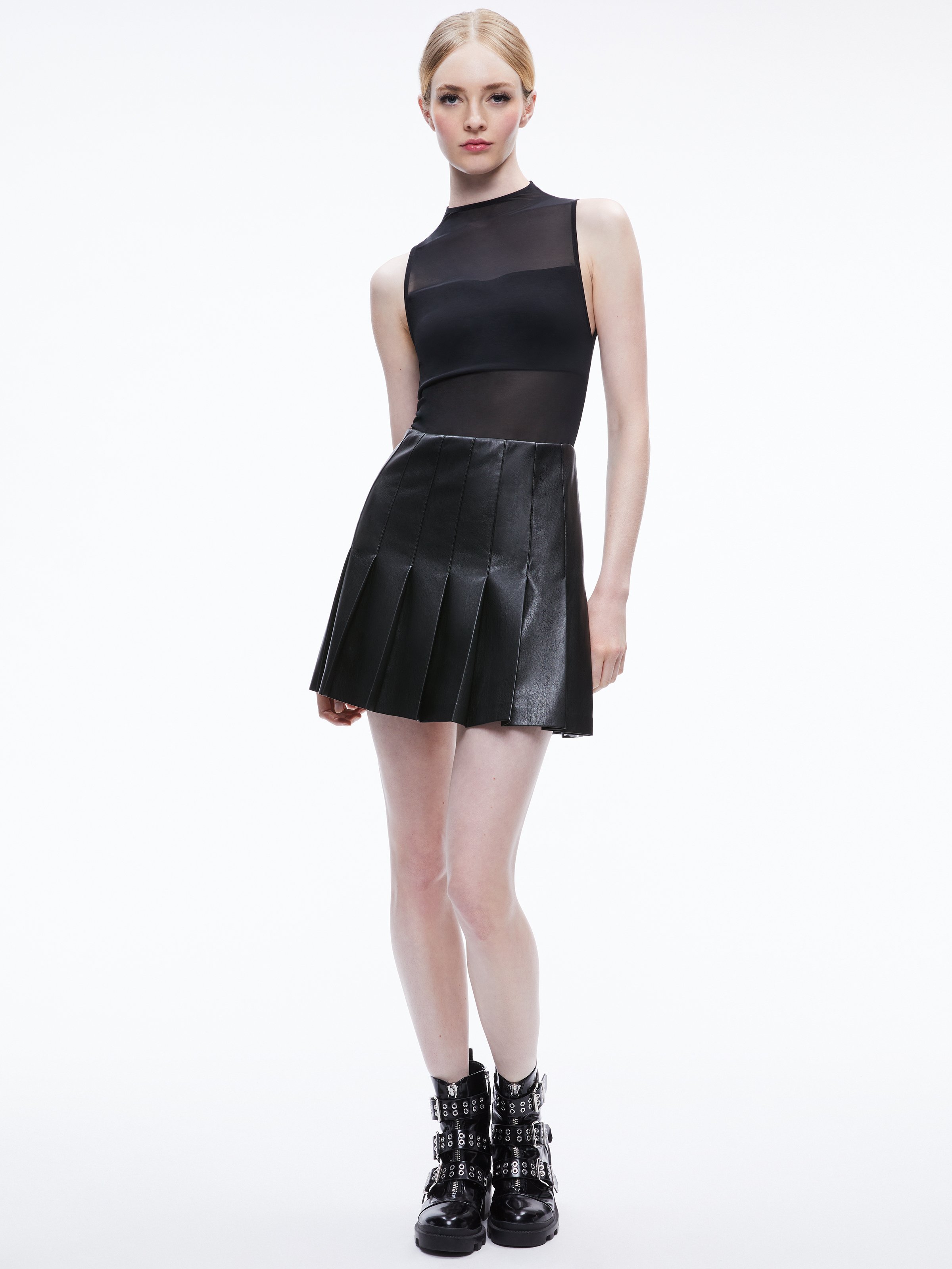 Alice And Olivia Ella Combo Faux Leather Sleeveless Dress In Black