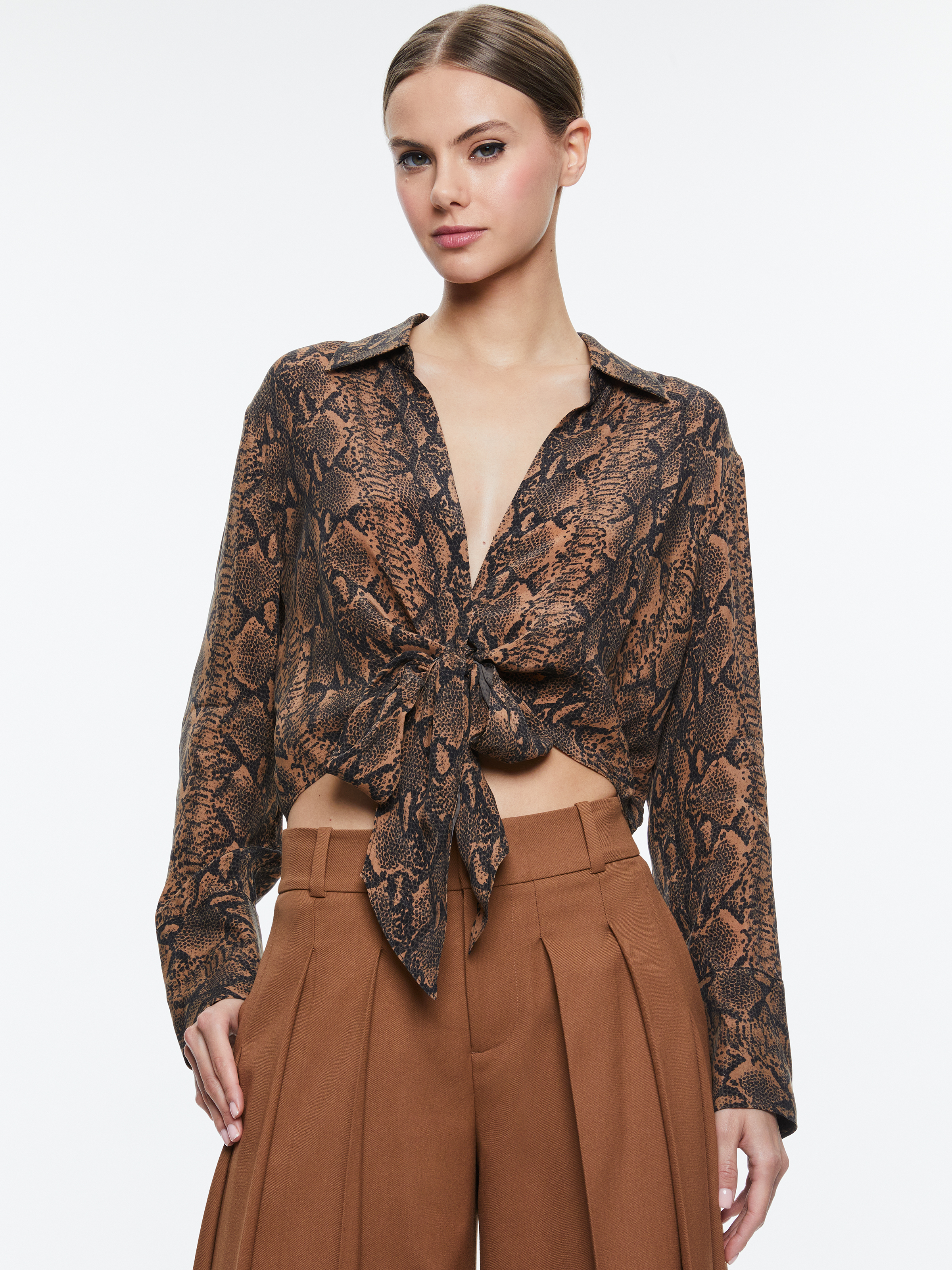 Alice And Olivia Hannon Cropped Tie-detailed Snake-print Cupro Shirt In Brown