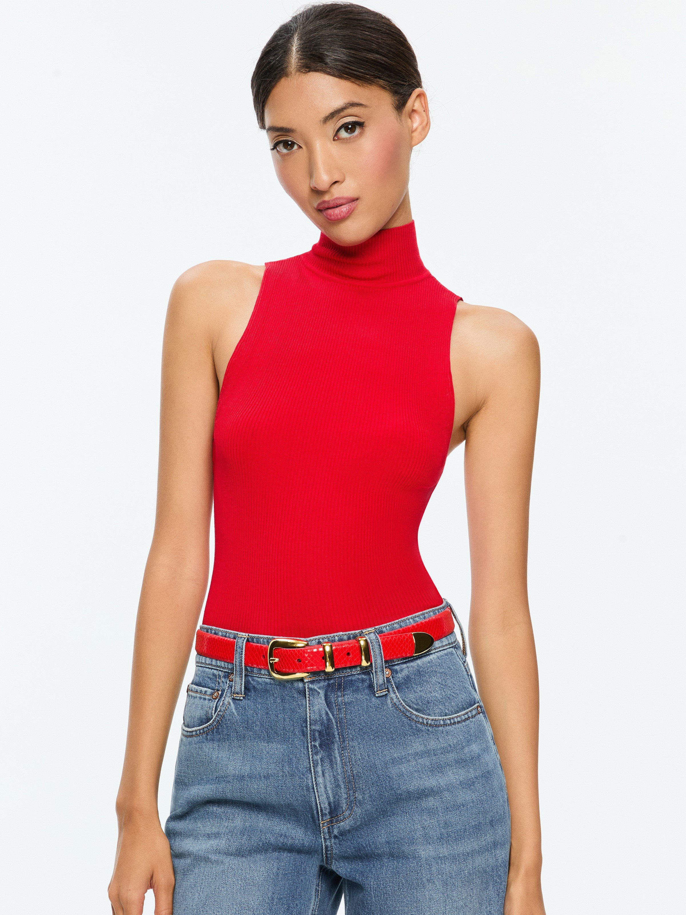 Alice And Olivia Darcey Turtleneck Tank In Bright Ruby