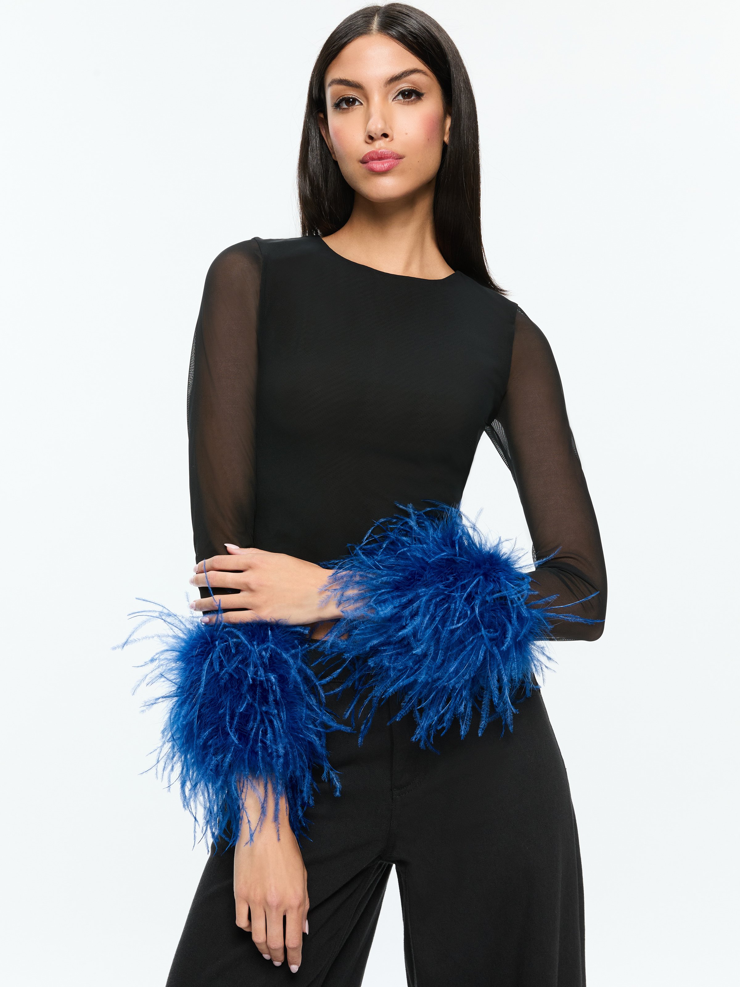 Alice And Olivia Delaina Mesh Feather Cuffed Long Sleeve Top In Black/royal