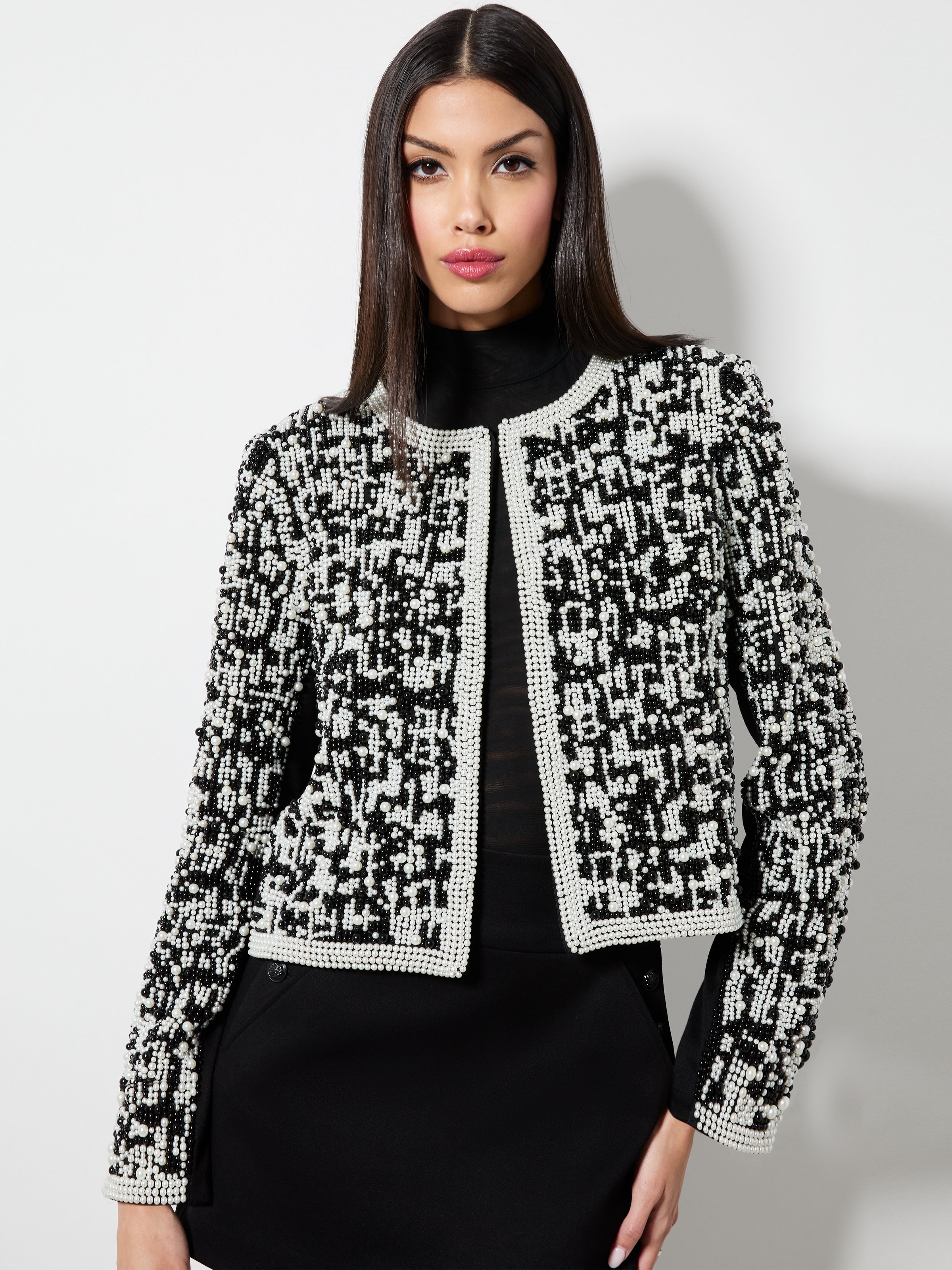 Alice And Olivia Kidman Boxy Pearl Embellished Jacket In Black/white