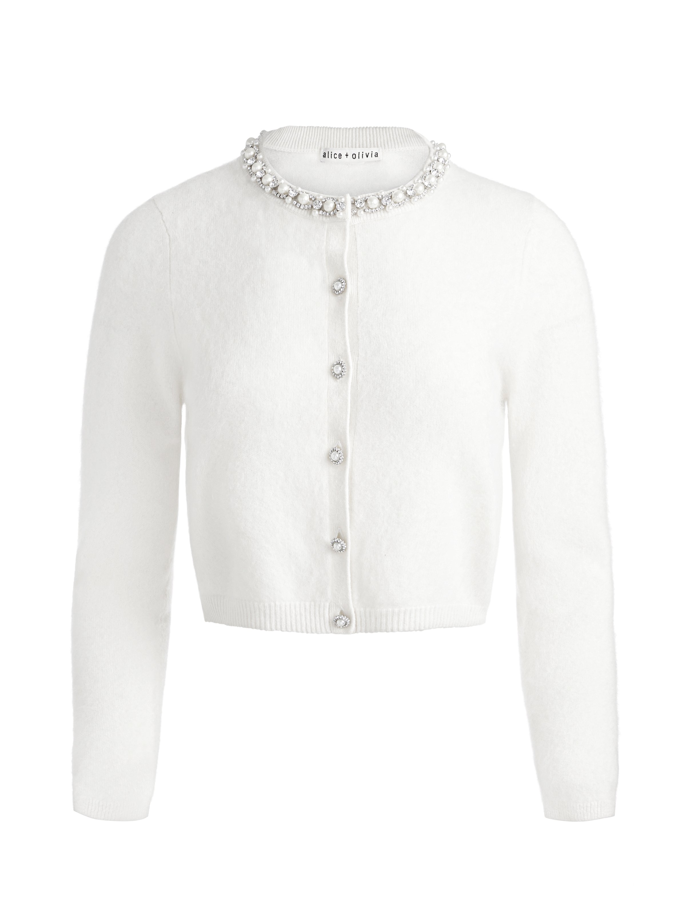 Alice And Olivia Dollie Long Sleeve Embellished Cardigan In Ecru