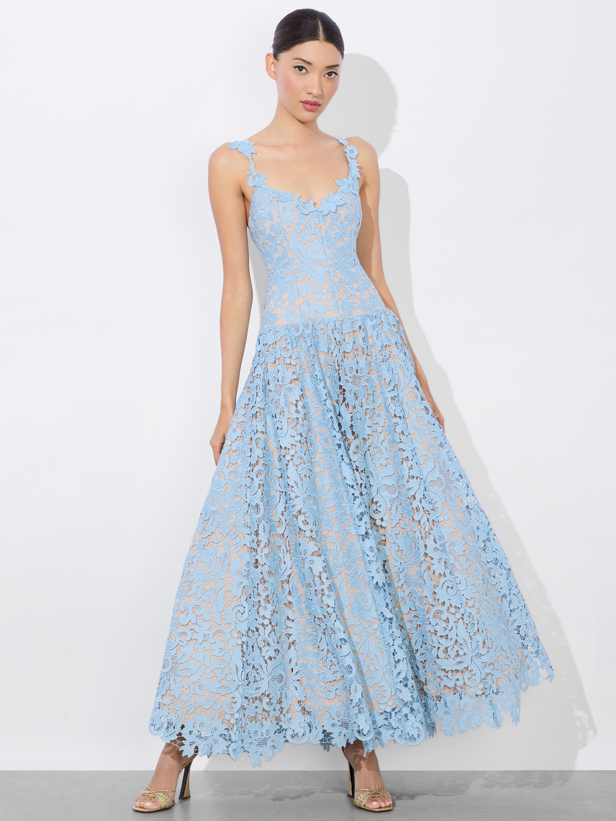 Alice And Olivia Anabella Drop Waist Midi Dress In Mineral Blue