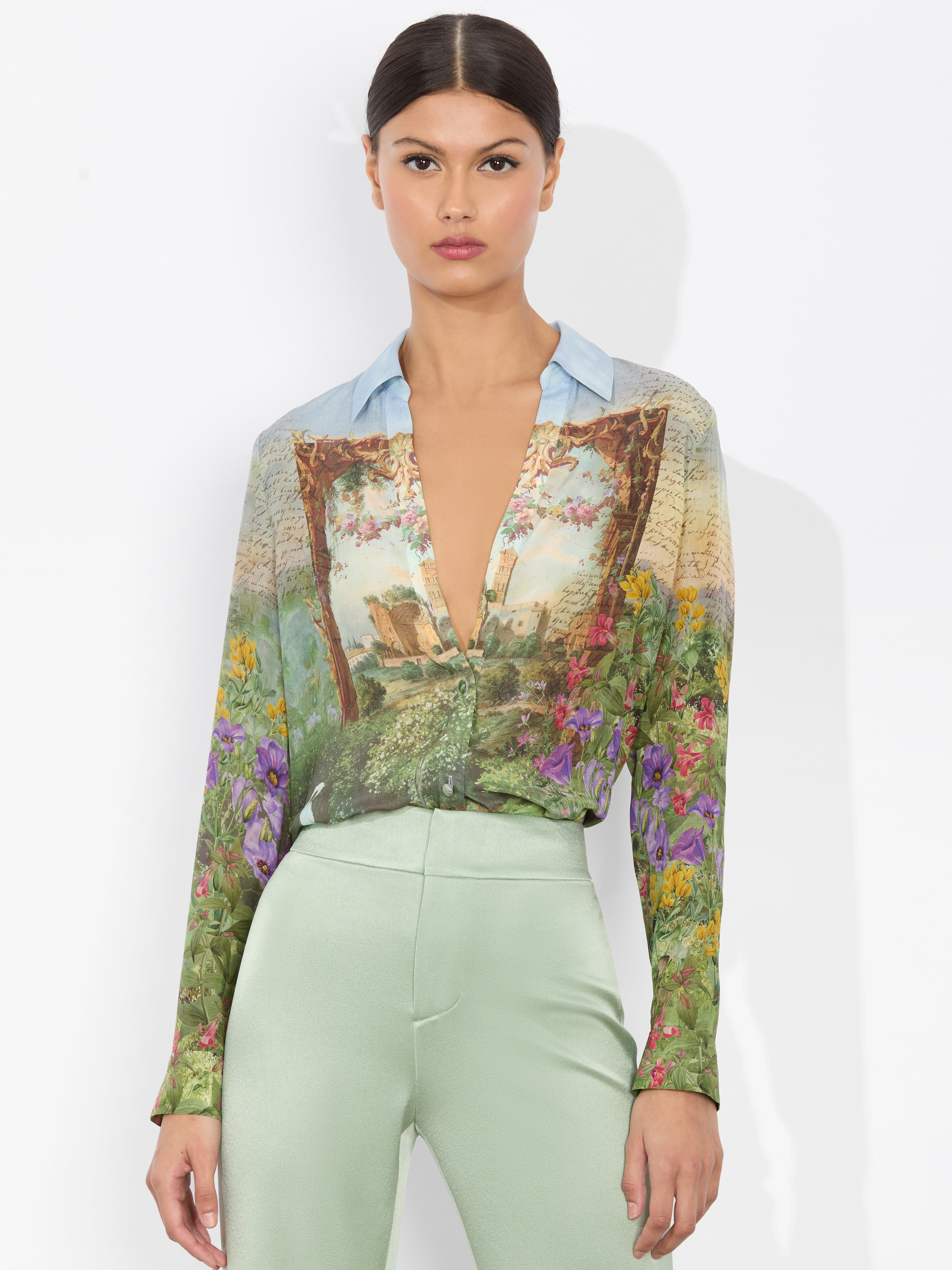 Alice And Olivia Eloise Button Down Blouse In Dusk To Dawn