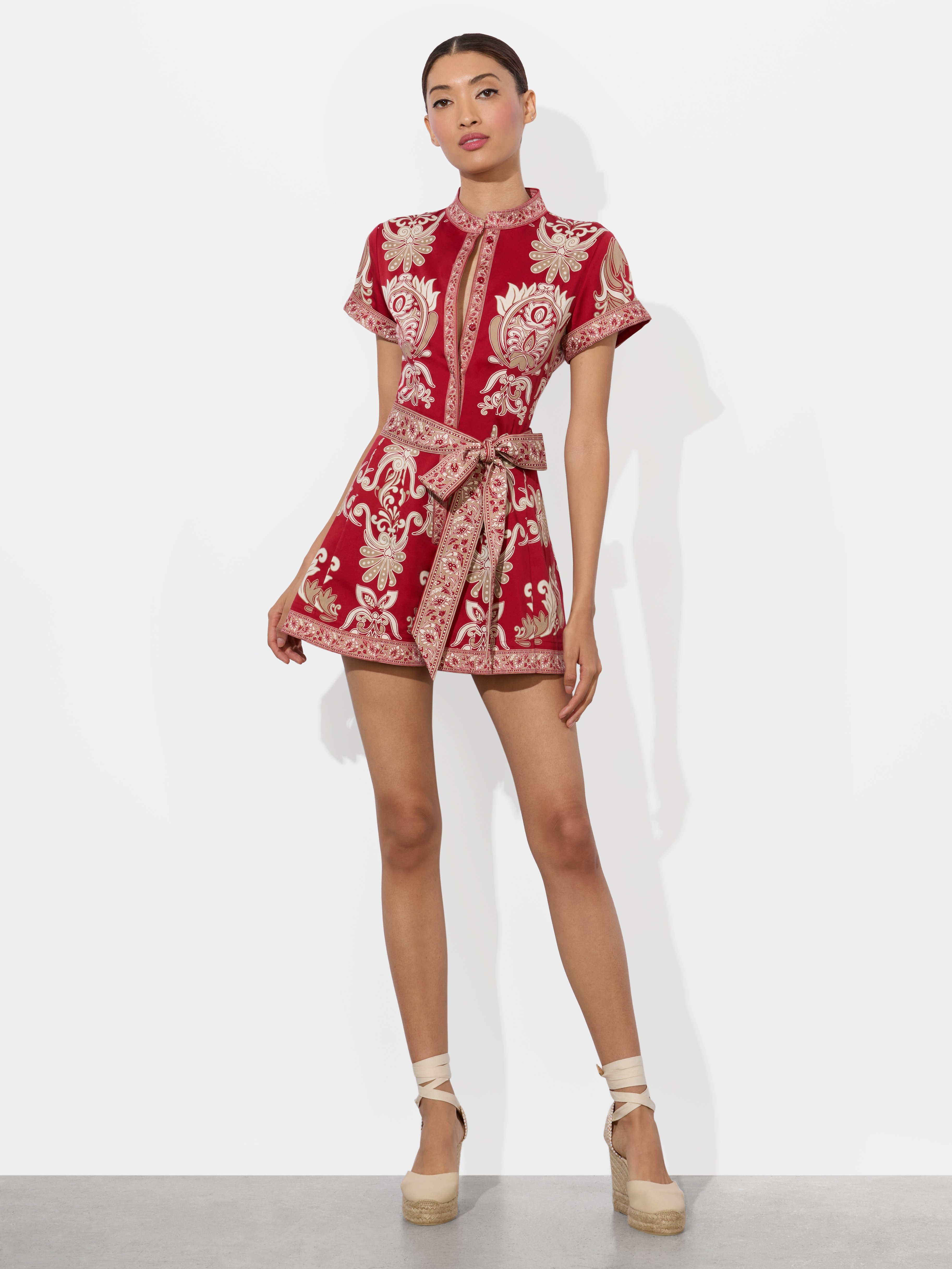 Alice And Olivia Lucy Roll-sleeve Button-front Romper In Red