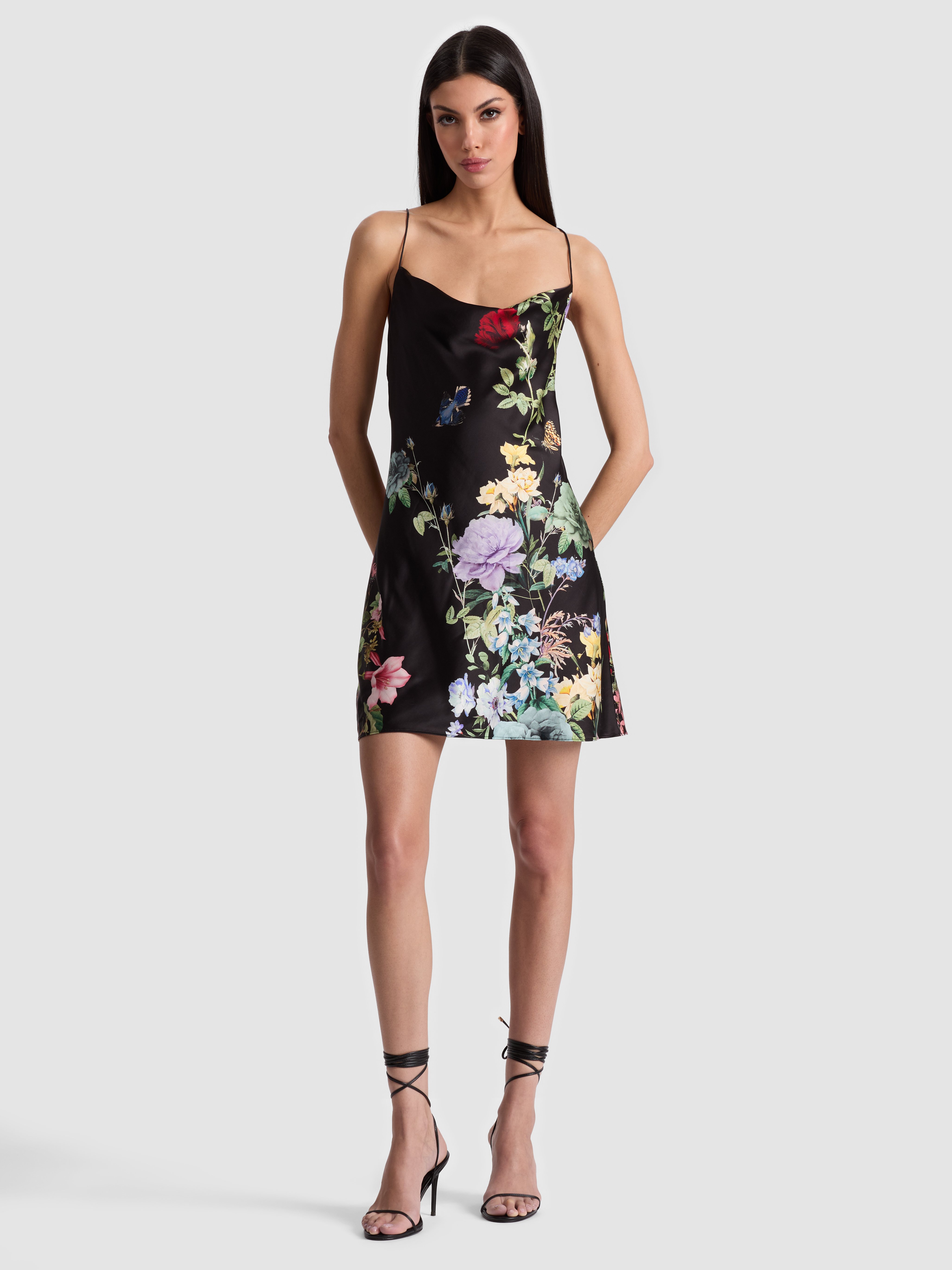 Alice And Olivia Harmony Floral Cowlneck Mini Dress In Black