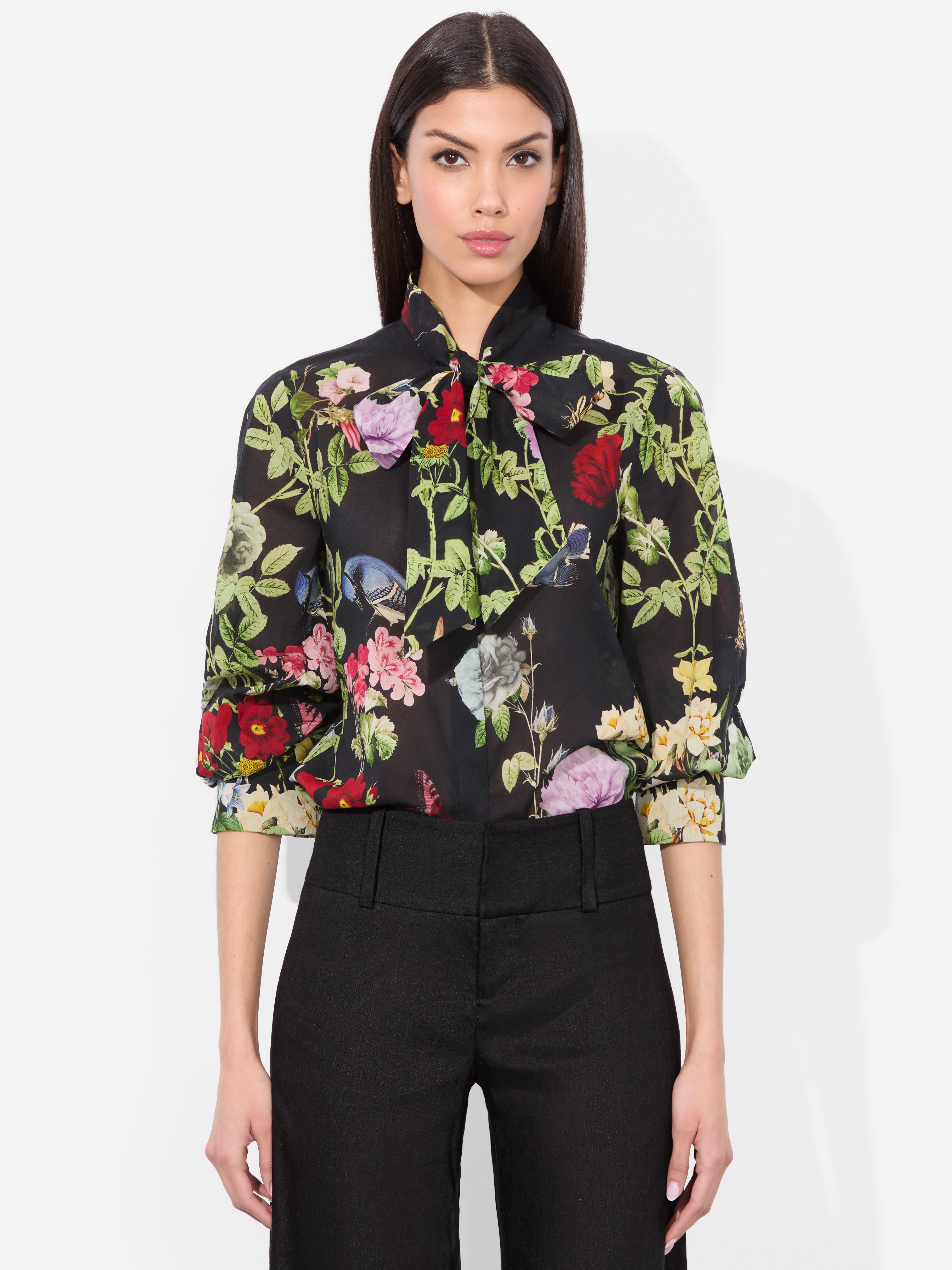 Alice And Olivia Lloyd Slit Sleeve Blouse In Black