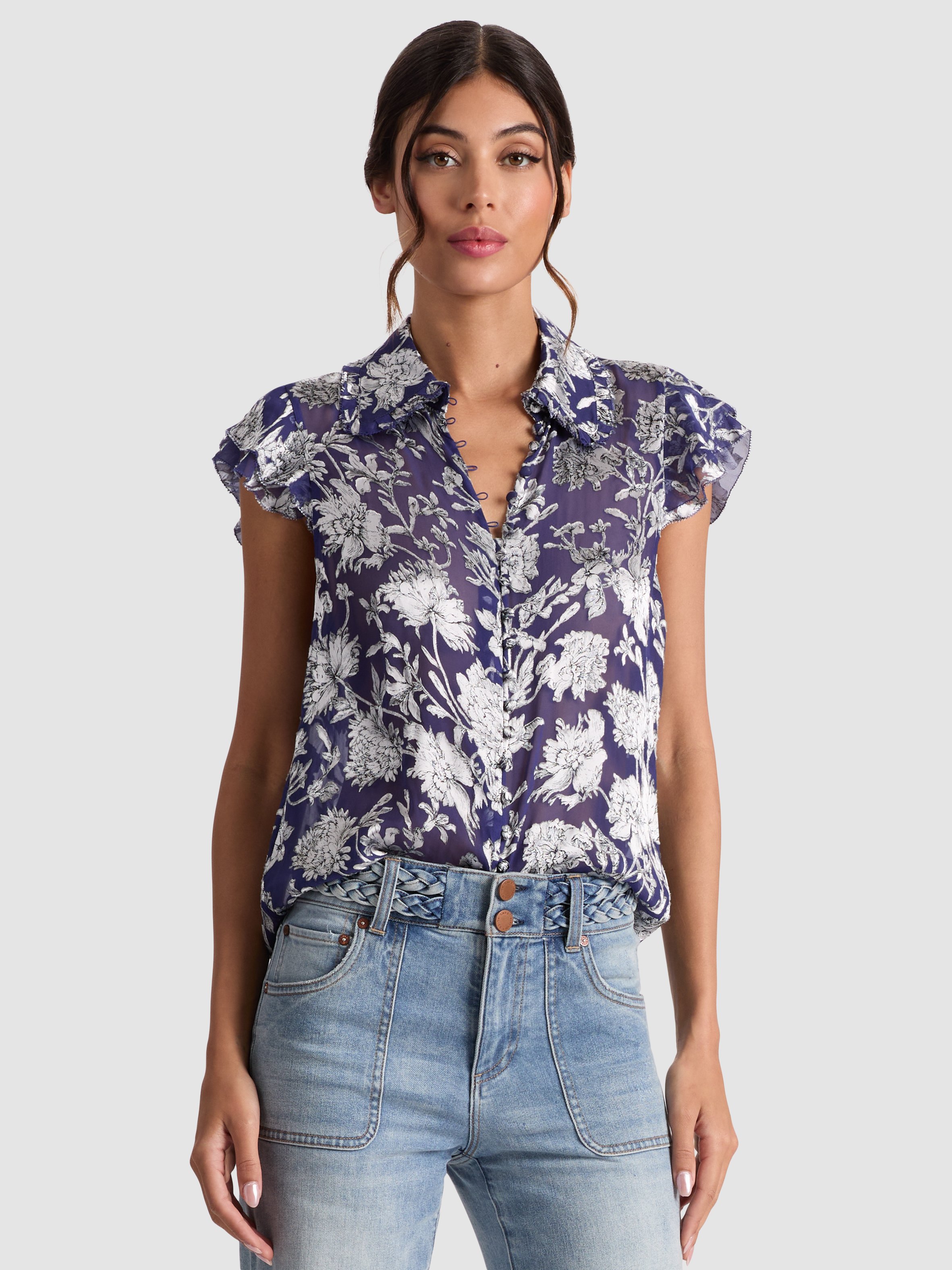 Alice And Olivia Martel Flutter-sleeve Blouse In Purple