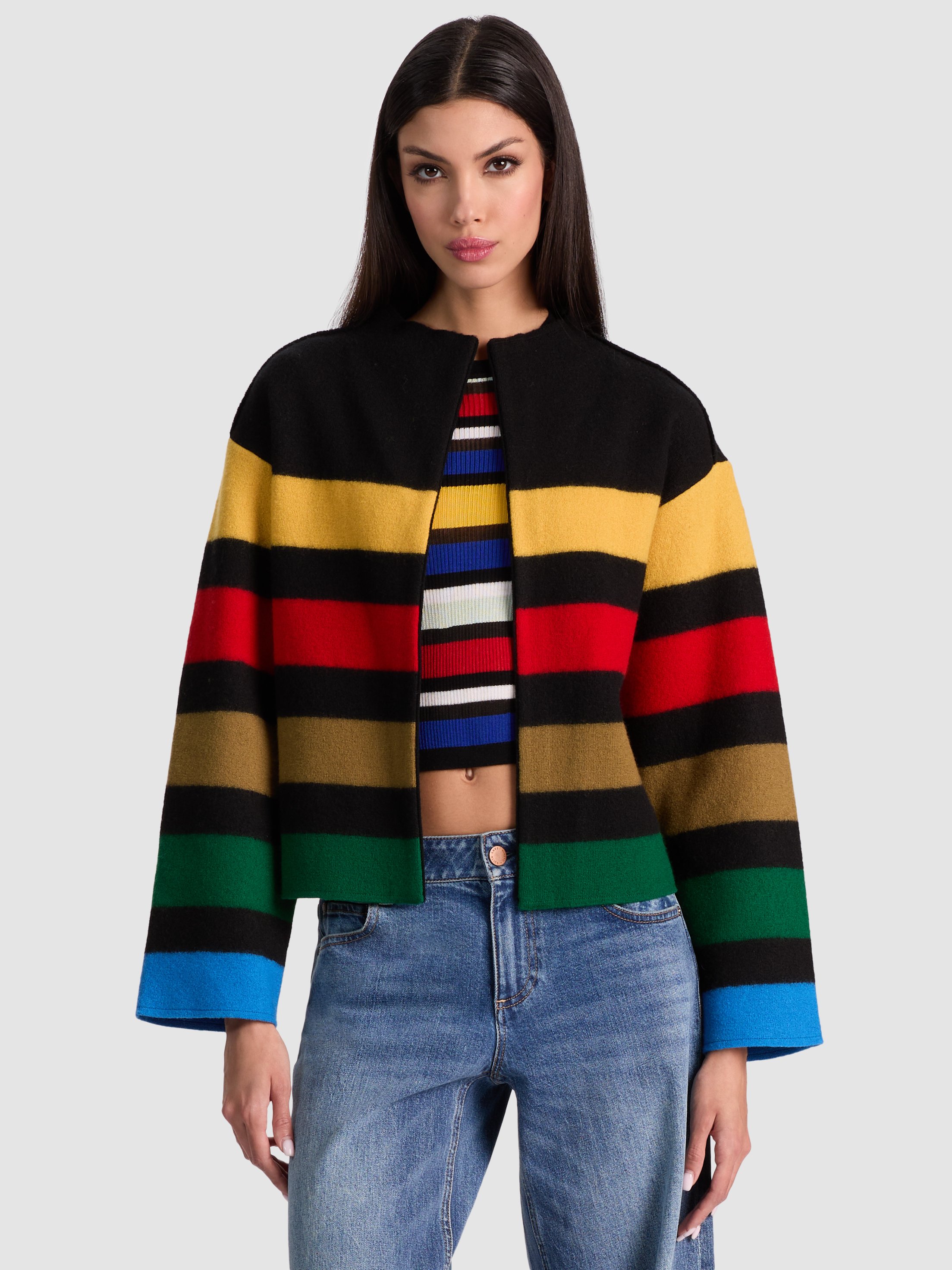 Alice And Olivia Striped Collared Sweater Jacket In Multi