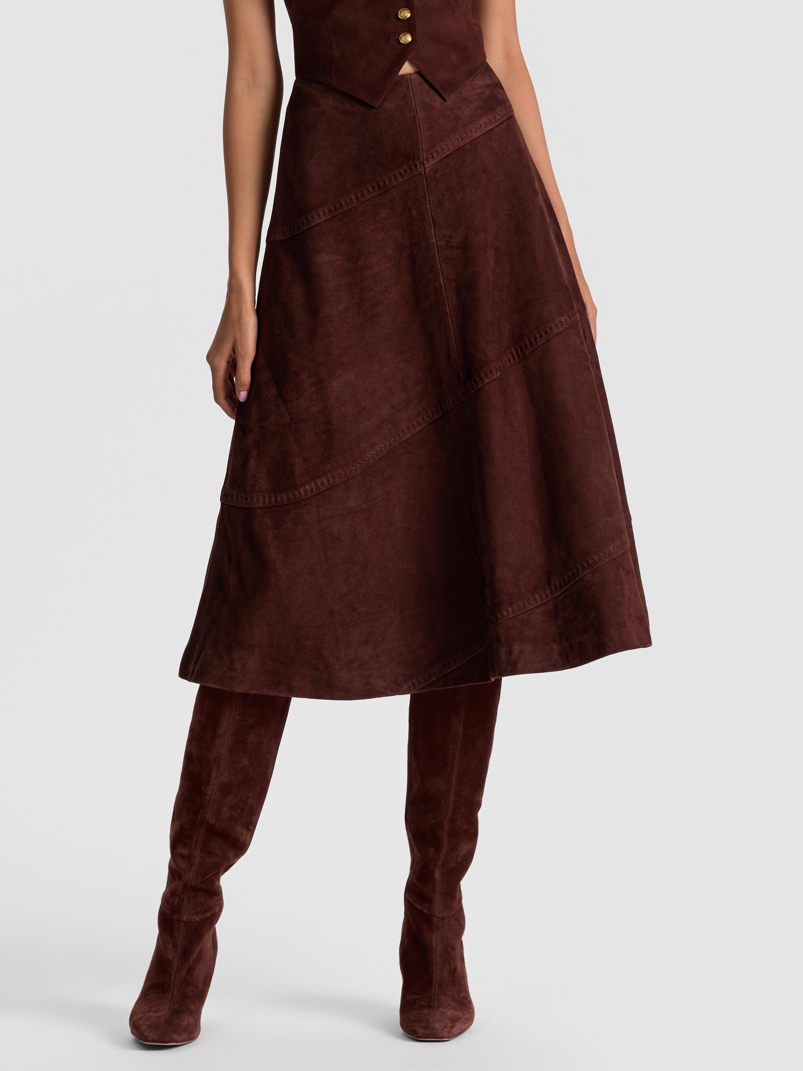 Alice And Olivia Sosie Suede Midi Skirt In Brown