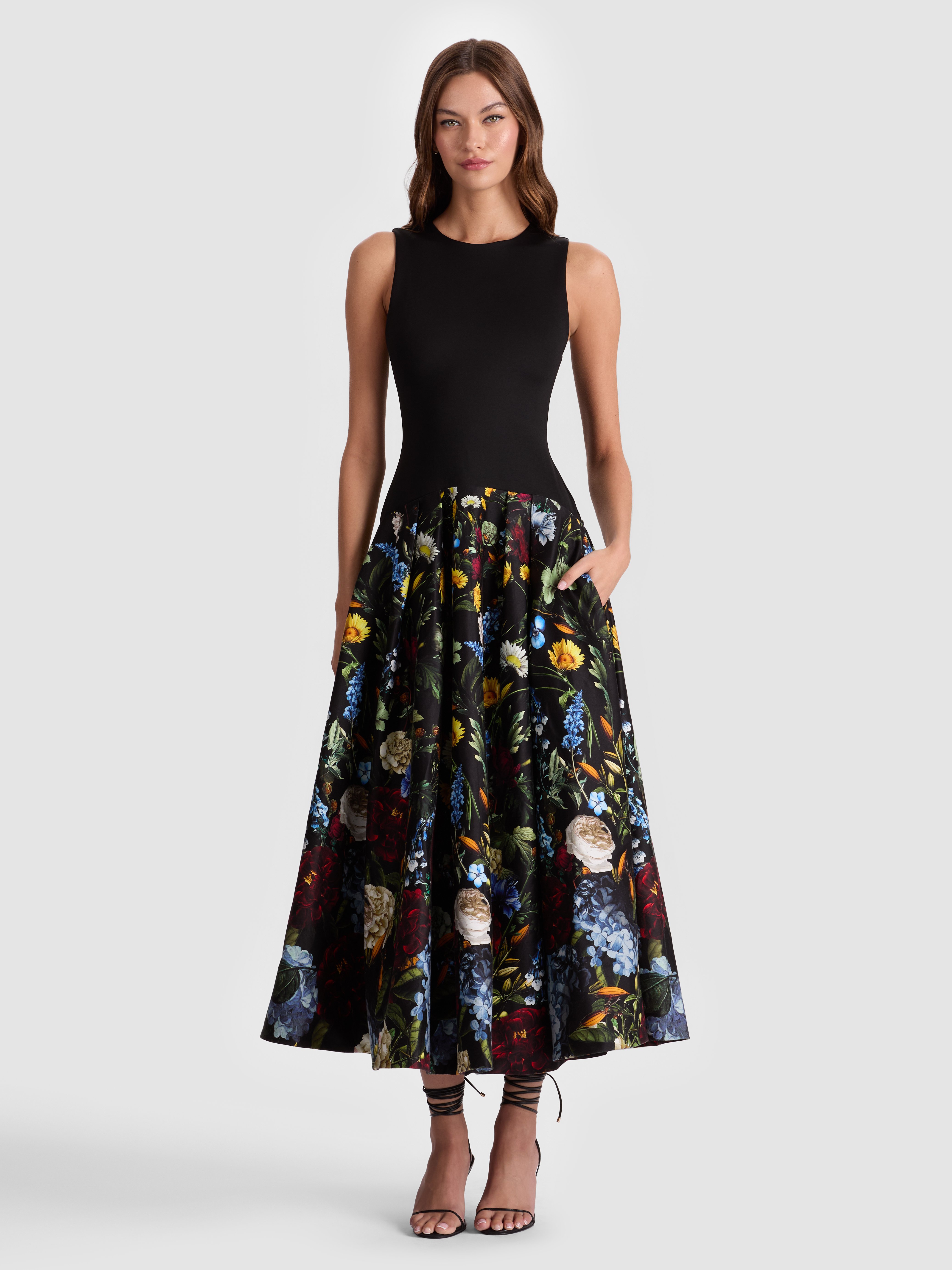 Alice And Olivia Adley Drop Waist Midi Dress In Black