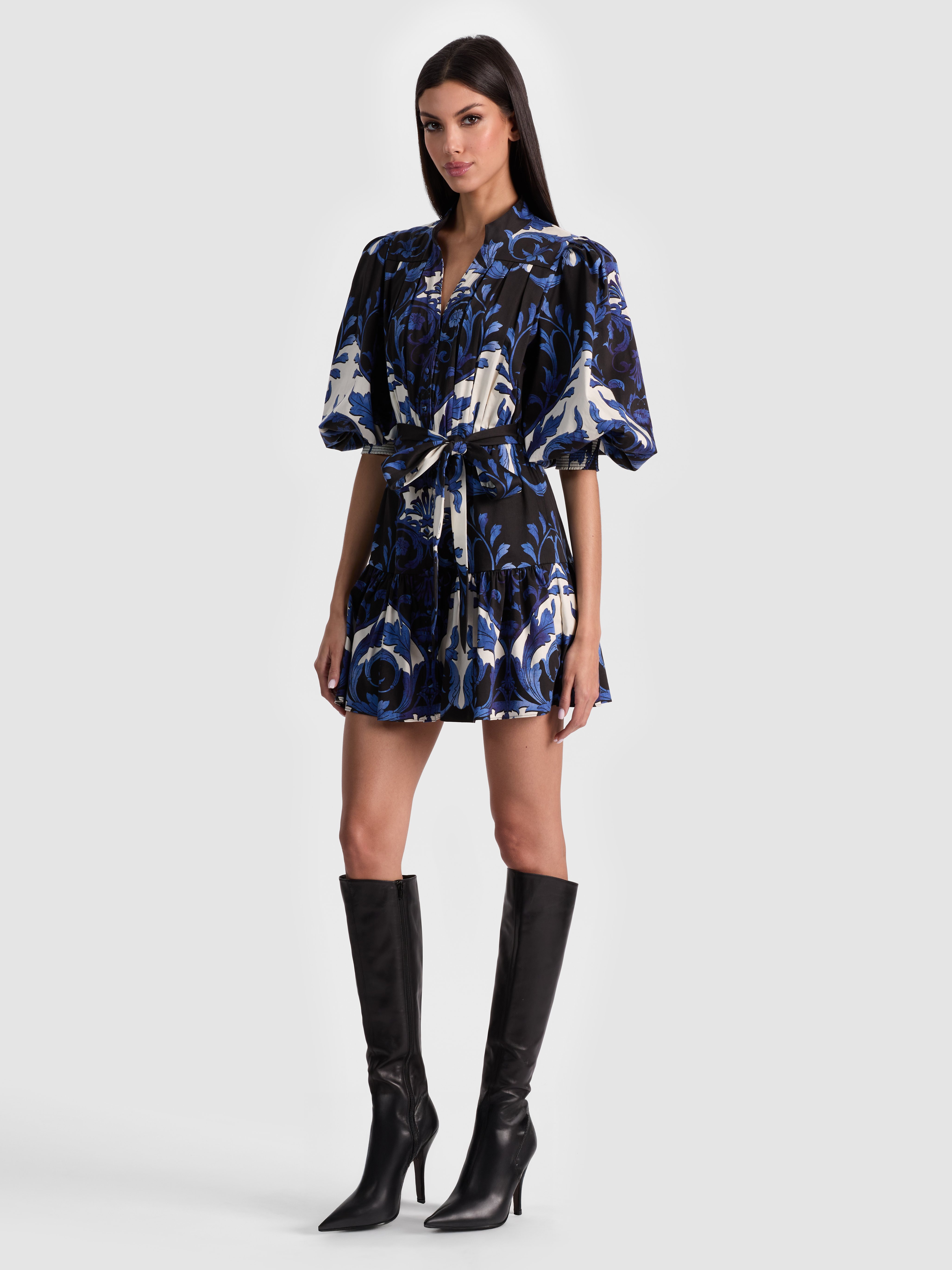 Alice And Olivia Crora Puff-sleeve Mini Dress In Blue