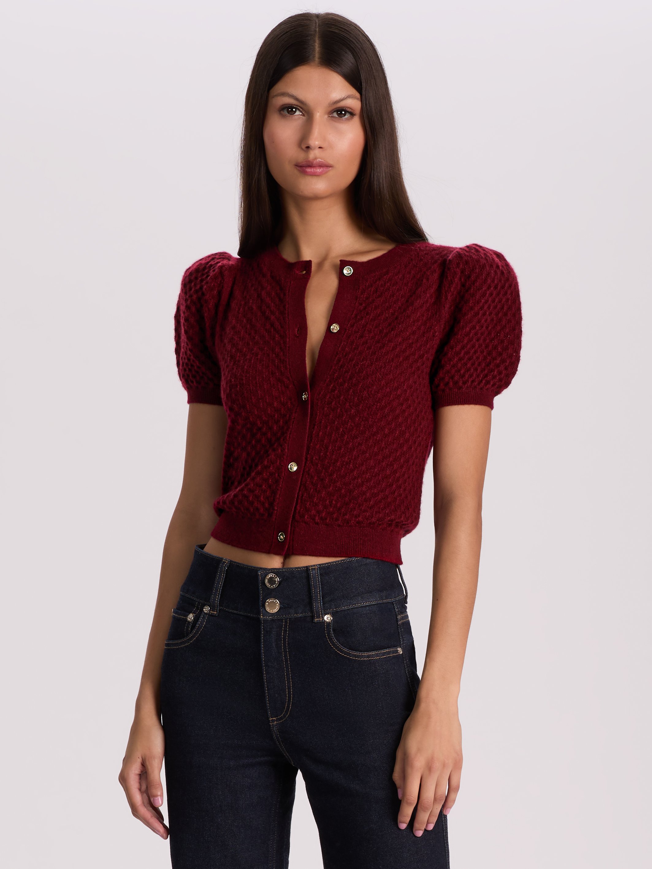 Alice And Olivia Sabine Puff-sleeve Cardigan In Burgundy