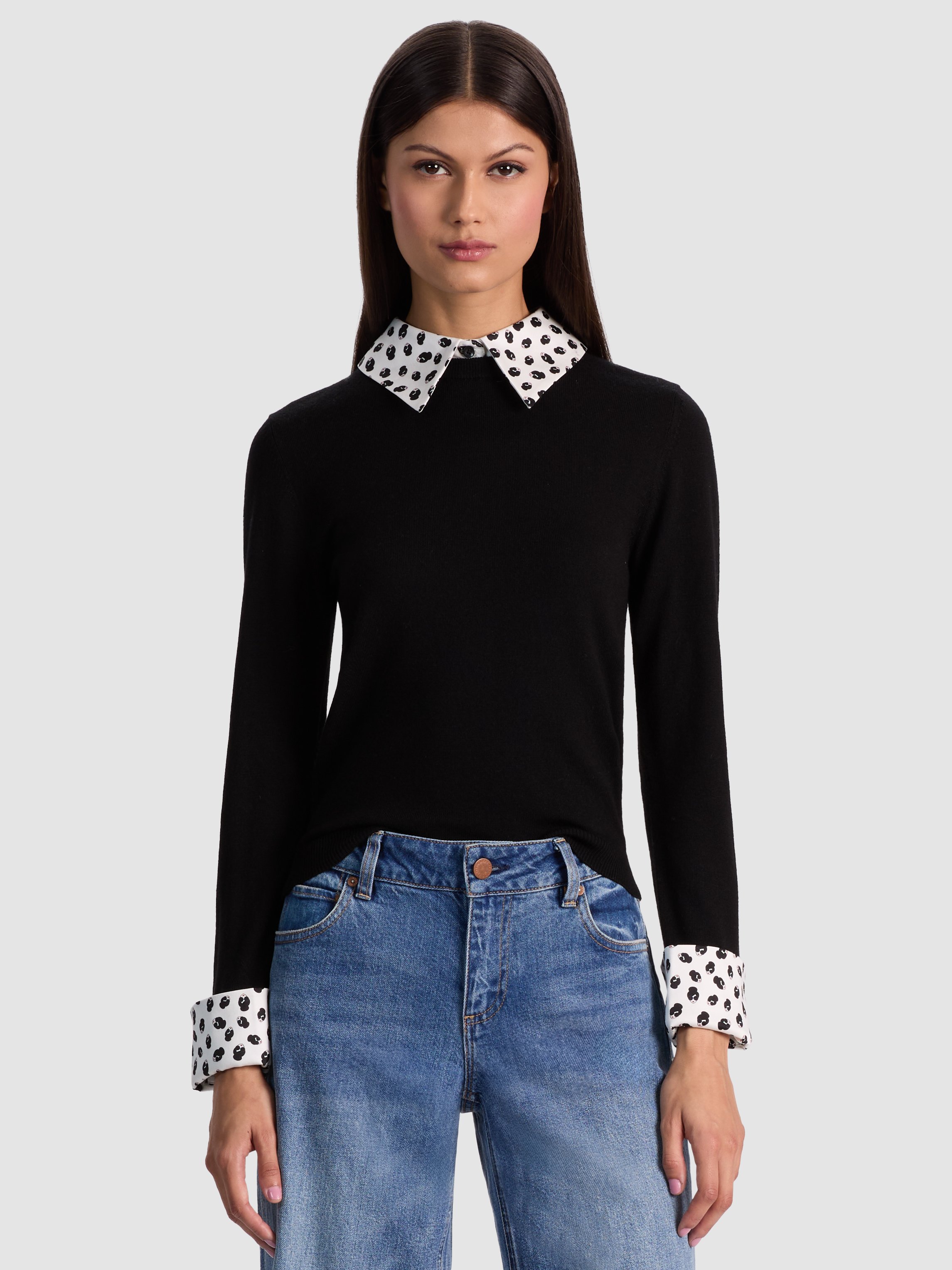 Alice And Olivia Porla Staceface Collared Sweater In Black
