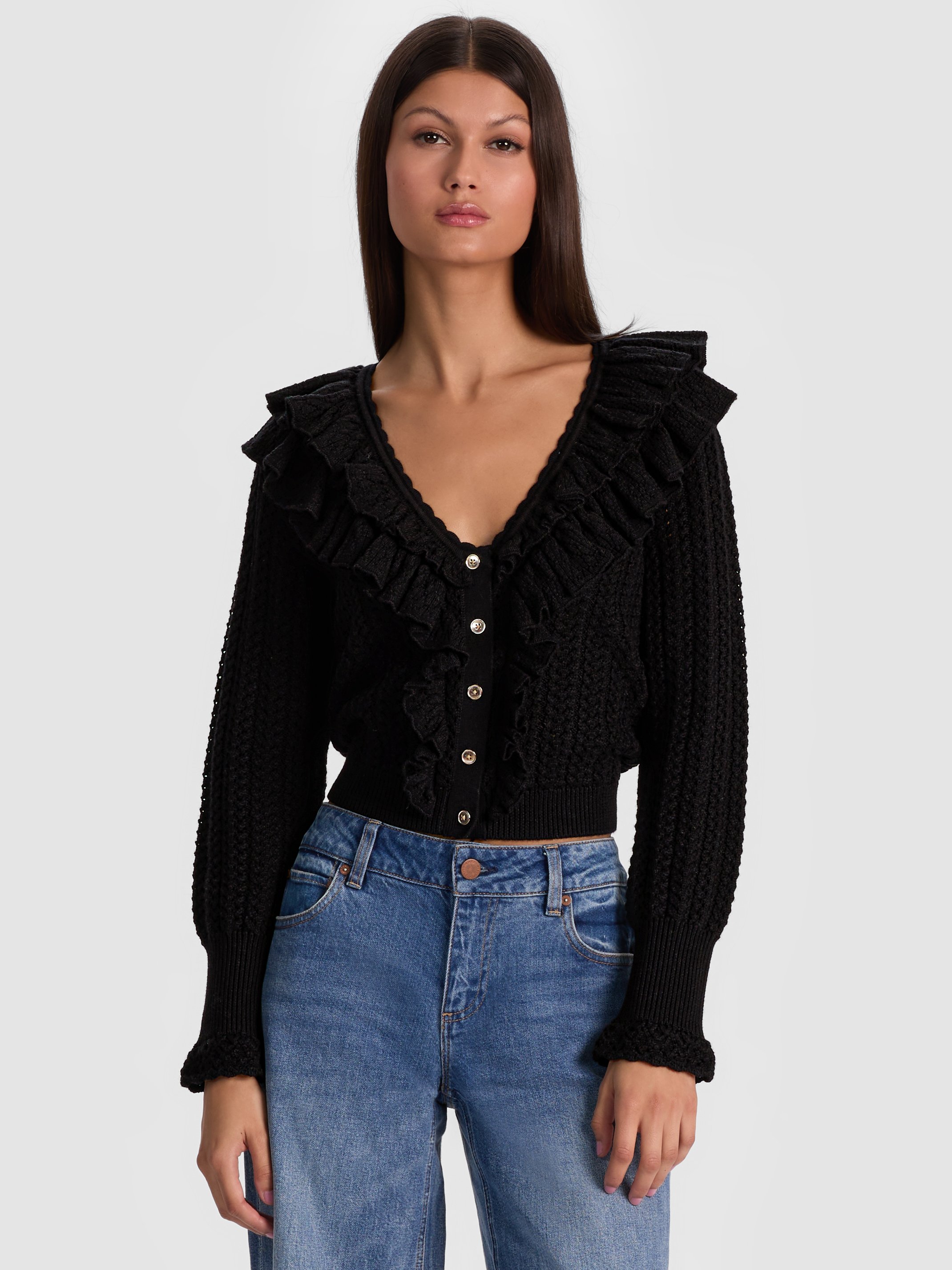 Alice And Olivia Eileen Ruffle Cardigan In Black