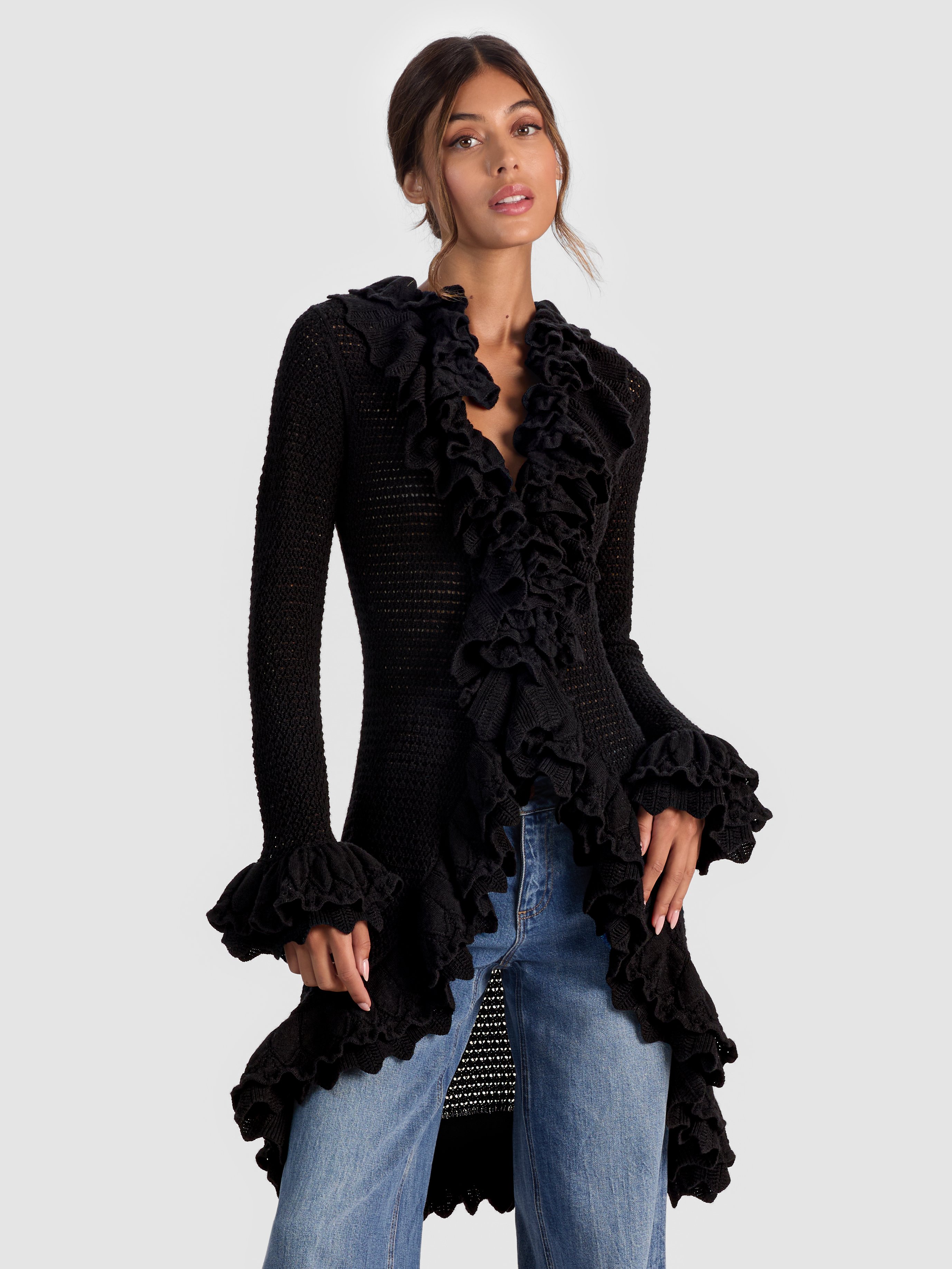 Alice And Olivia Yara Ruffle Cardigan In Black