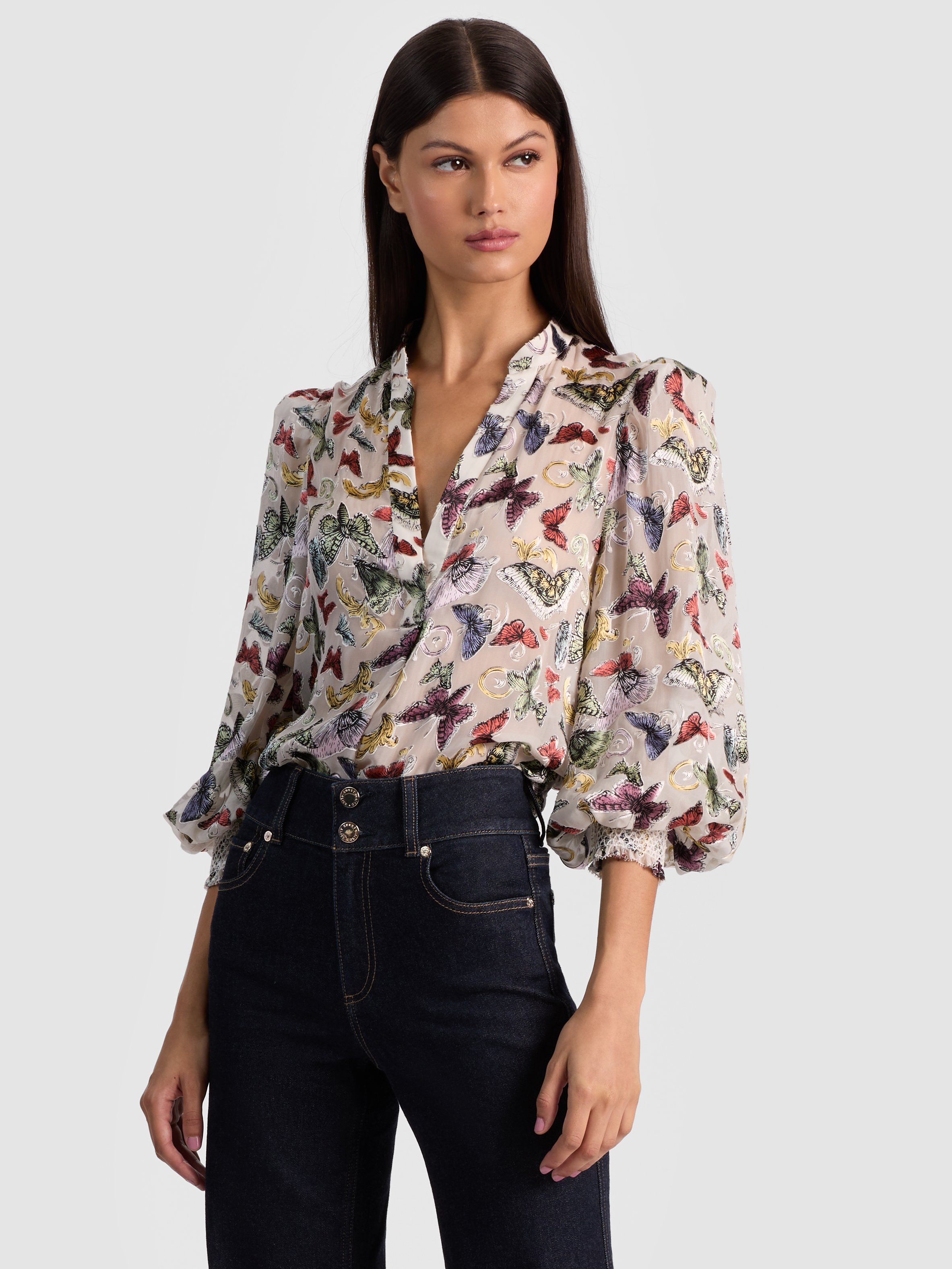 Alice And Olivia Sheila Blouson Sleeve Smocked Cuff Henley Top Spread Your Wings In Multi