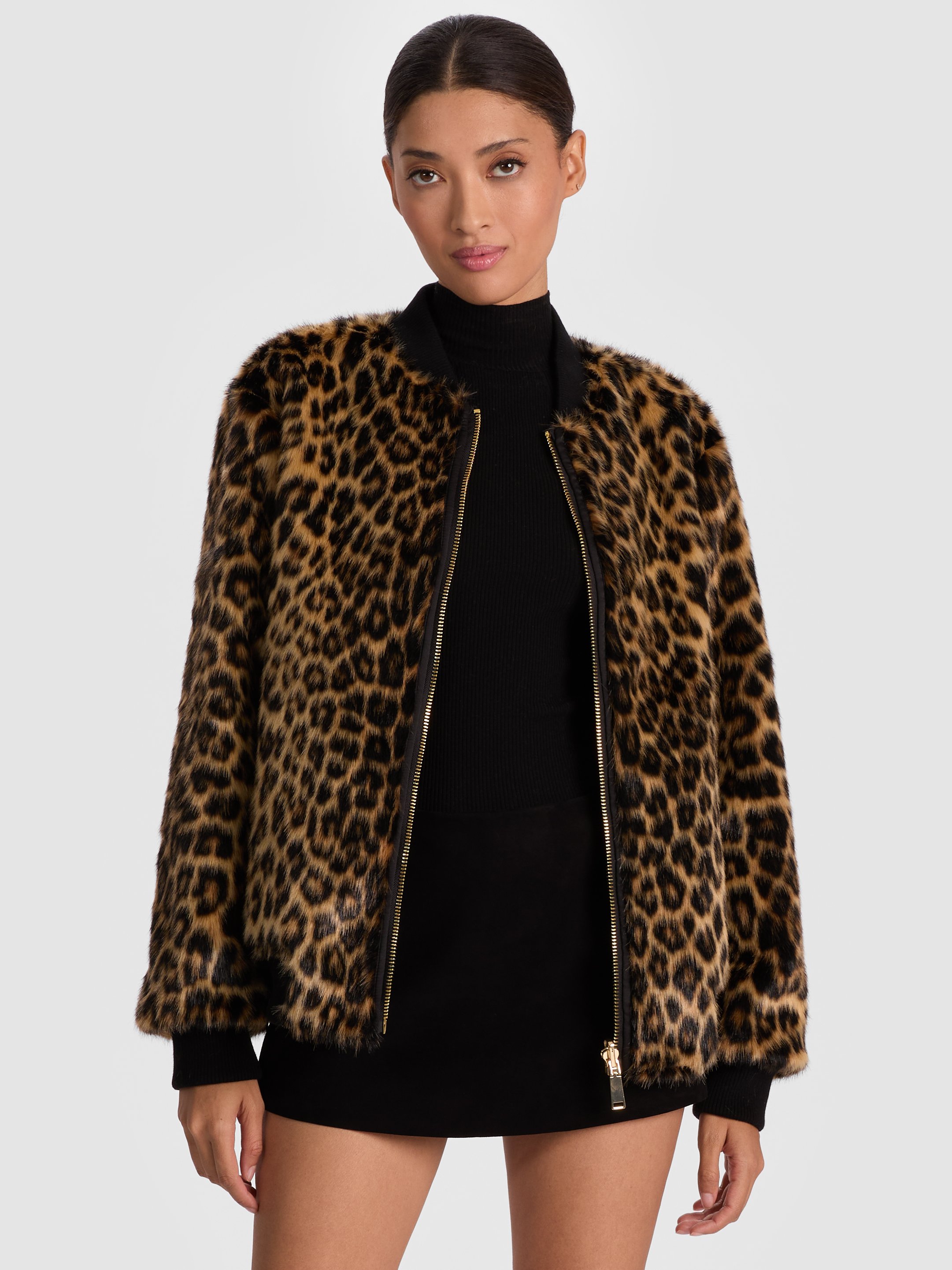 Alice And Olivia Becky Reversible Faux Fur Bomber Jacket In Animal Print