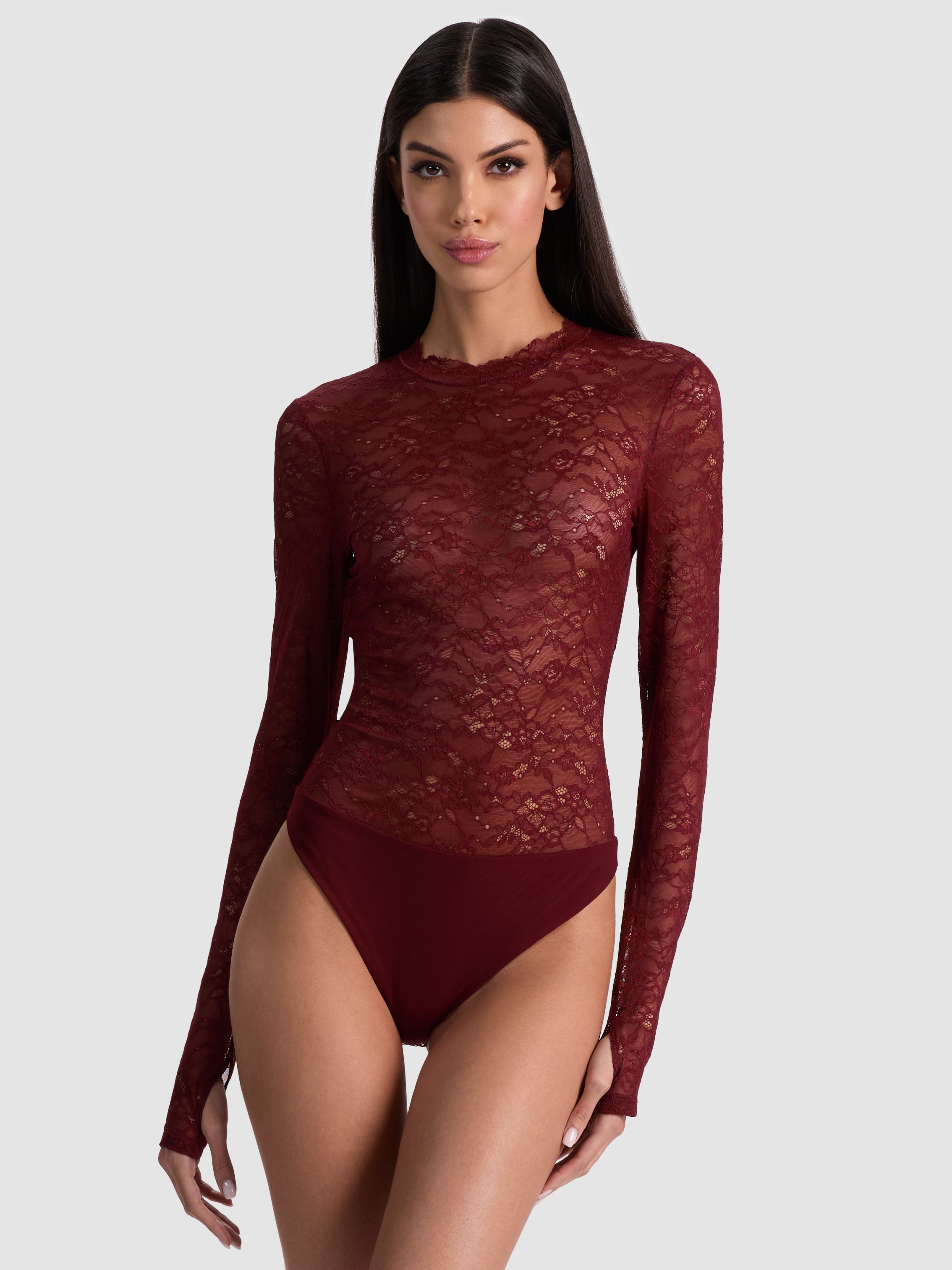 Alice And Olivia Taeyn Lace Bodysuit In Burgundy
