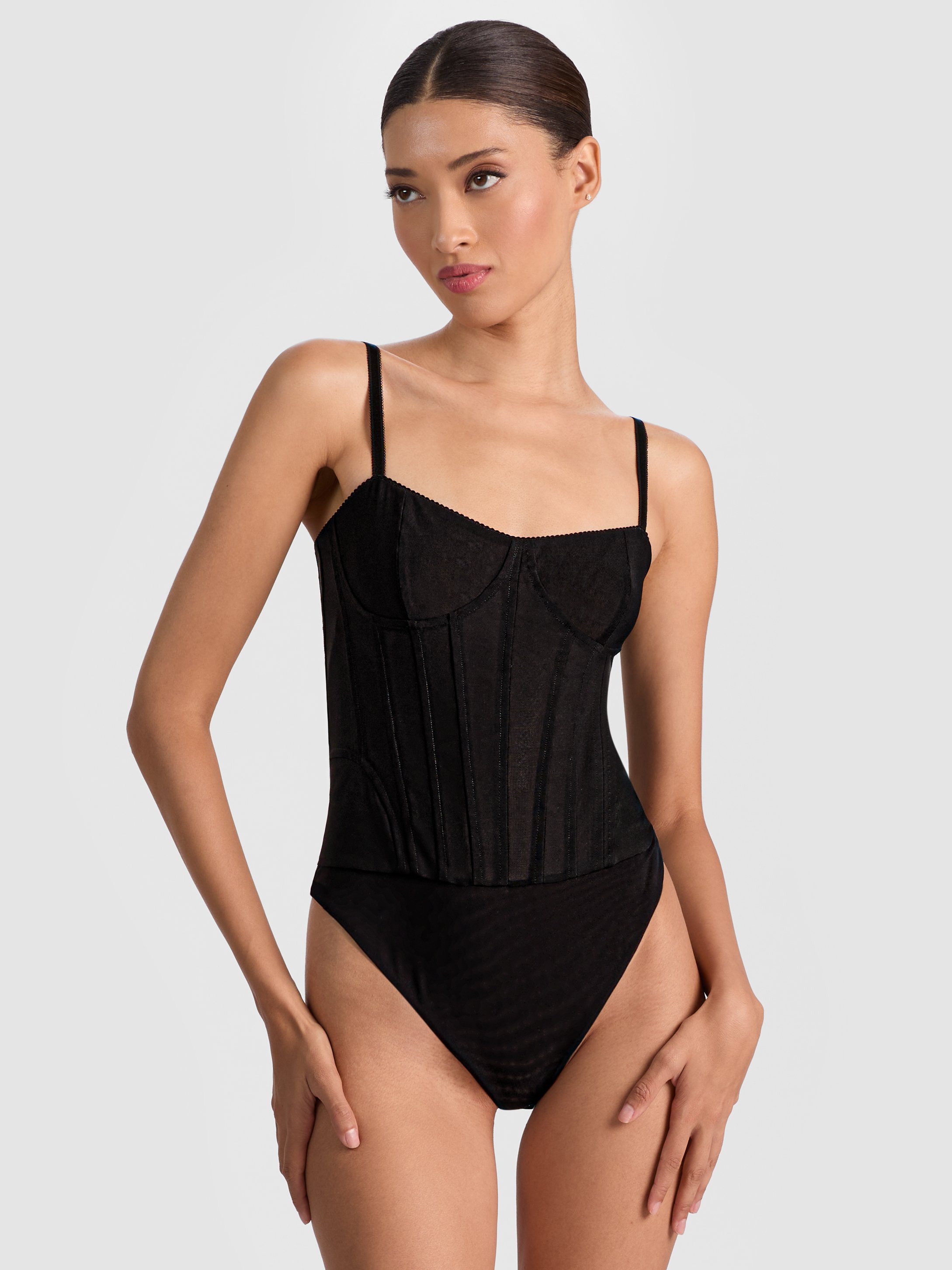 Alice And Olivia Arla Elongated Corset Bodysuit In Black