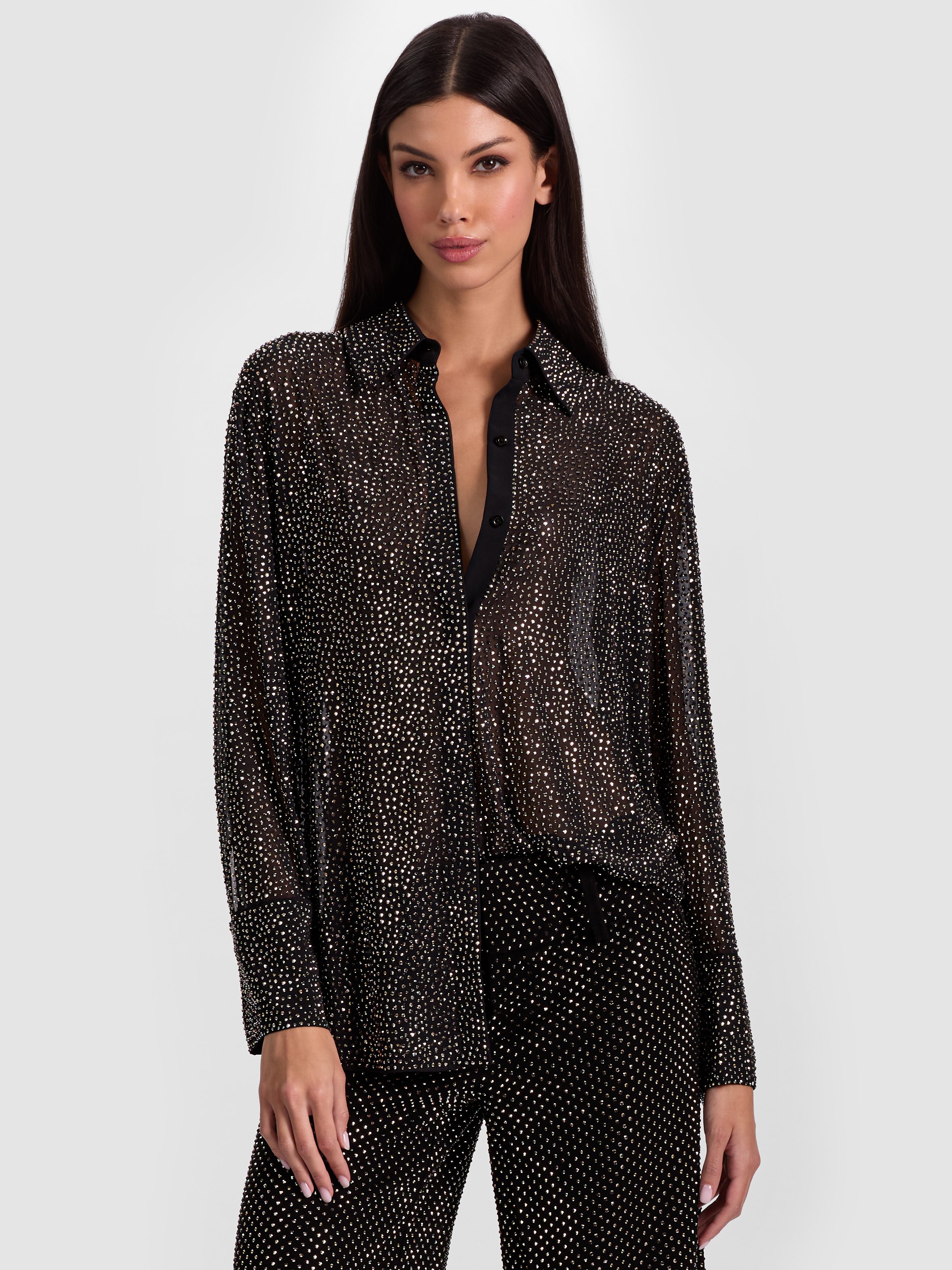 Alice And Olivia Finely Embellished Oversized Button Down In Black