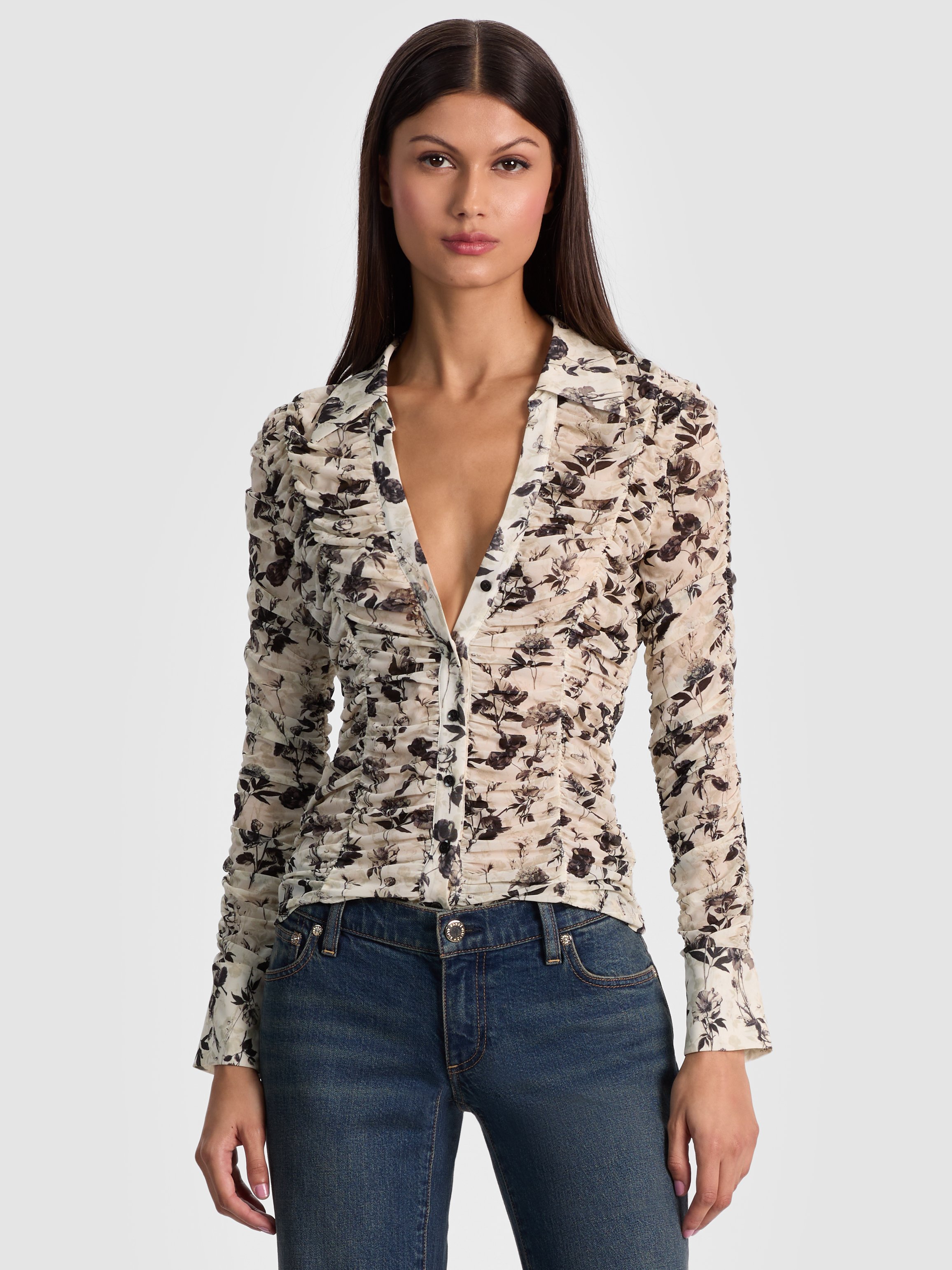 Alice And Olivia Portia Mesh Button Down In Neutral