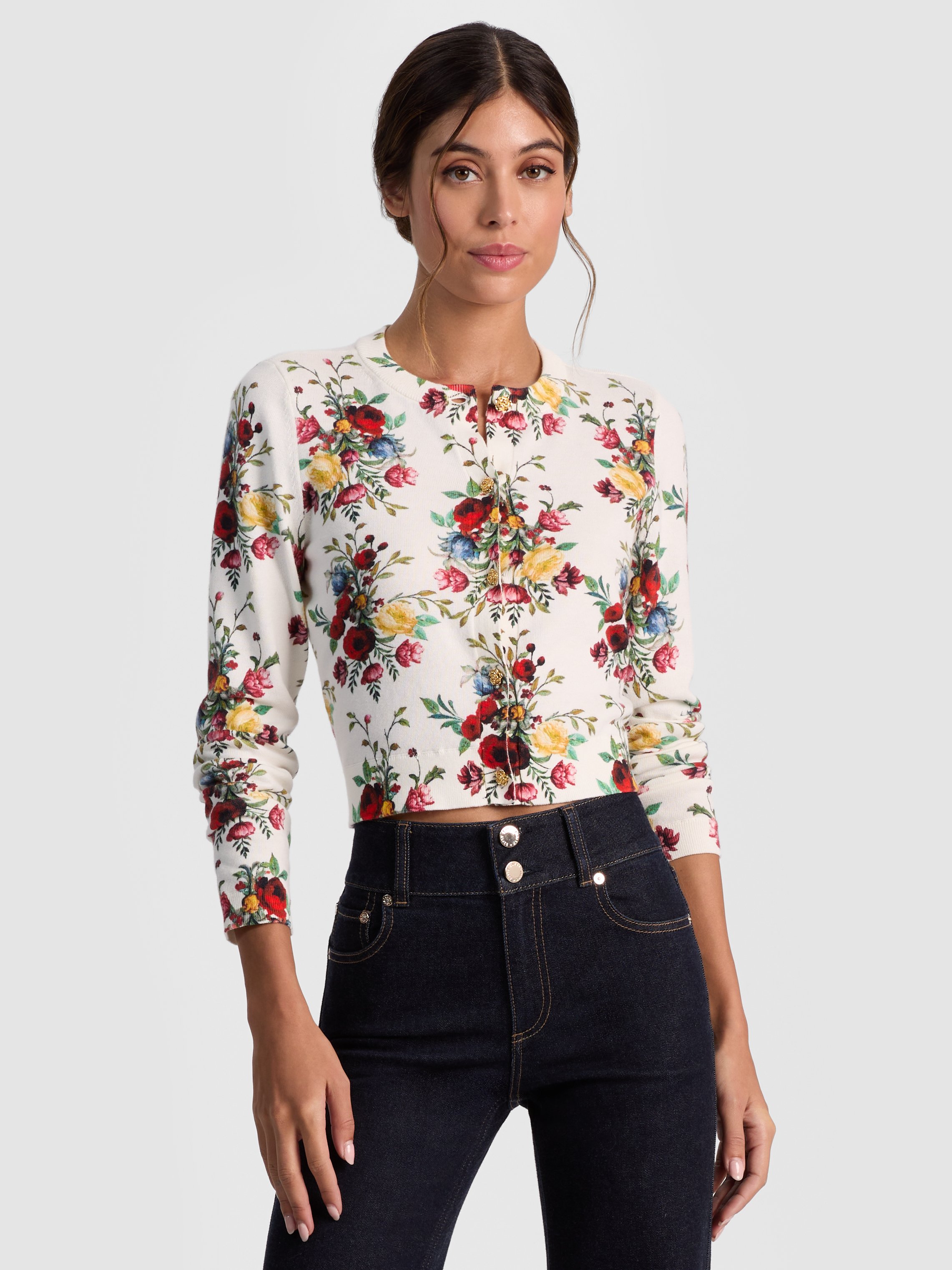 Alice And Olivia Carson Crewneck Cardigan Sweater In Gold