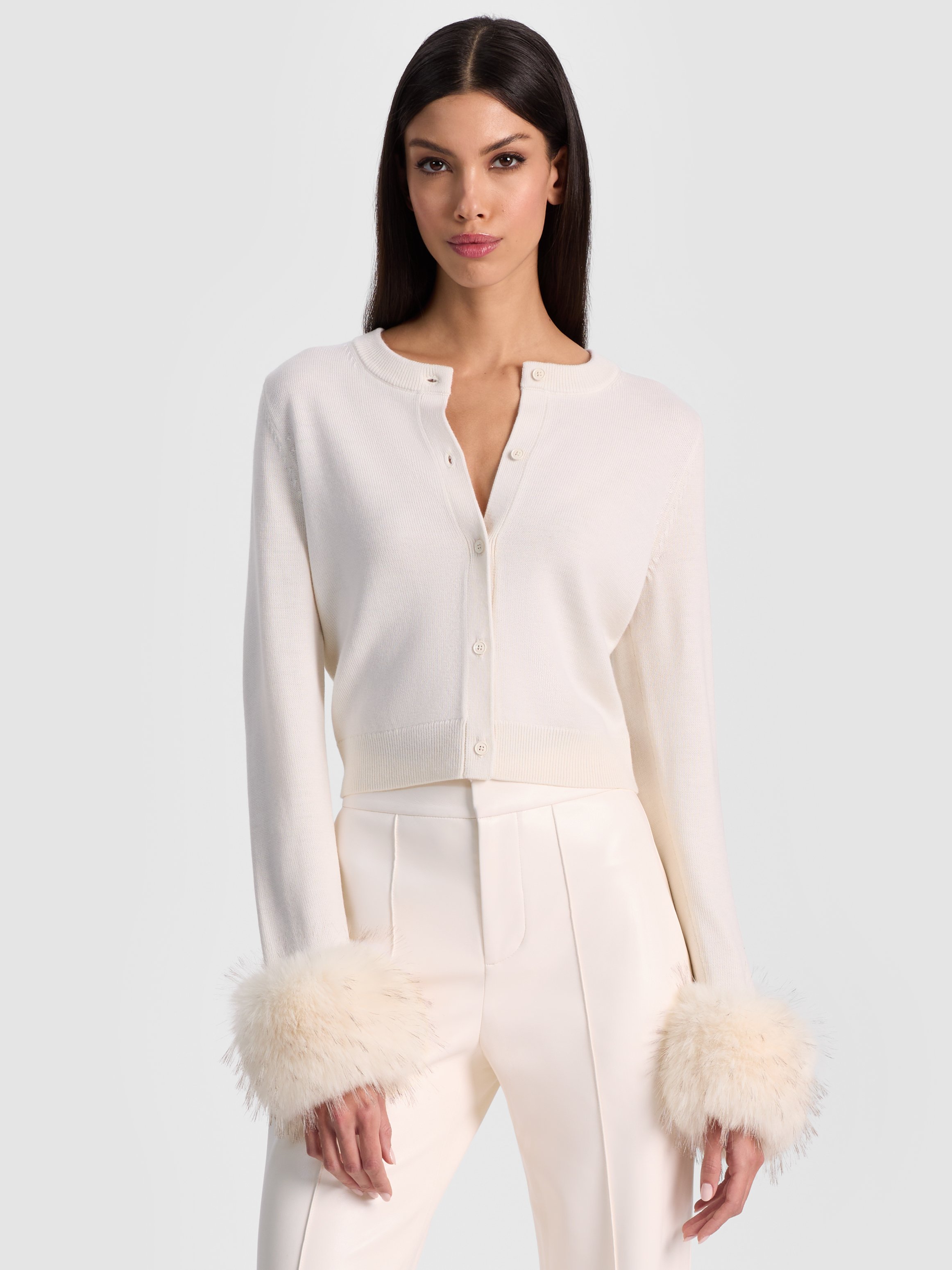 Alice And Olivia Dollie Faux Fur Cuff Cardigan In White