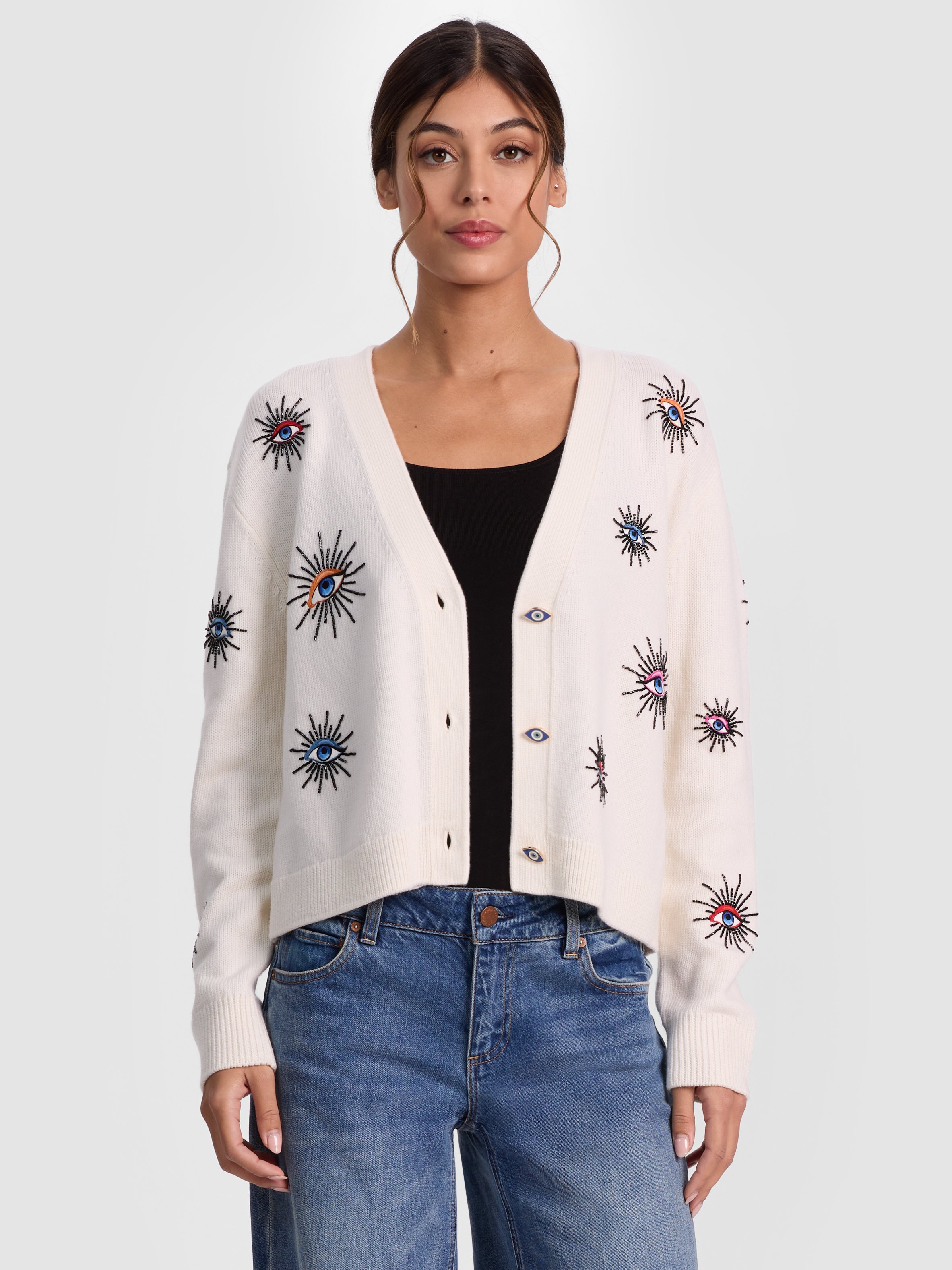 Alice And Olivia Bradley Short Embellished Cardigan In Gray