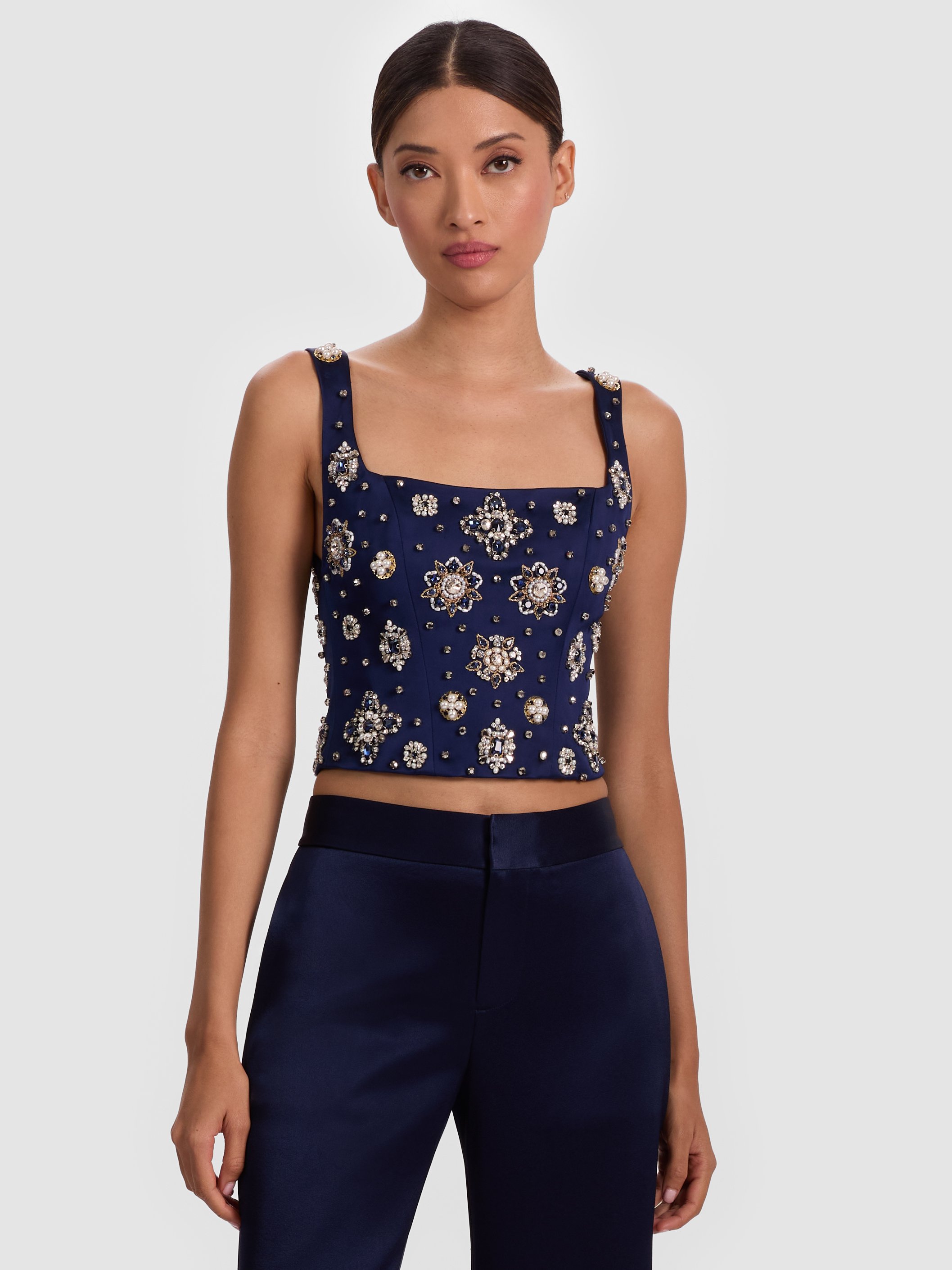 Alice And Olivia Lillianna Embellished Corset Top In Blue