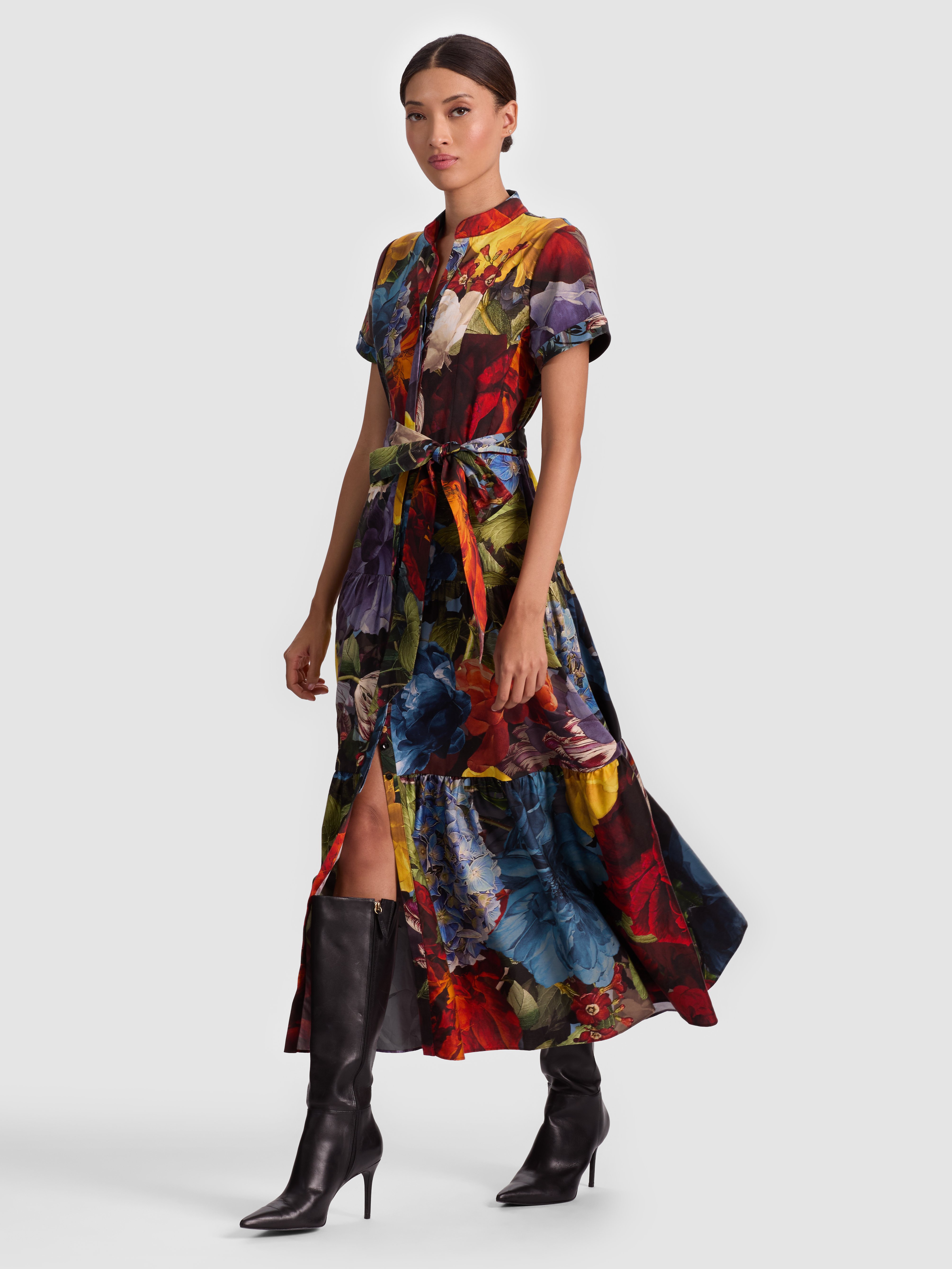Alice And Olivia Lucy Roll Sleeve Midi Dress In Multi