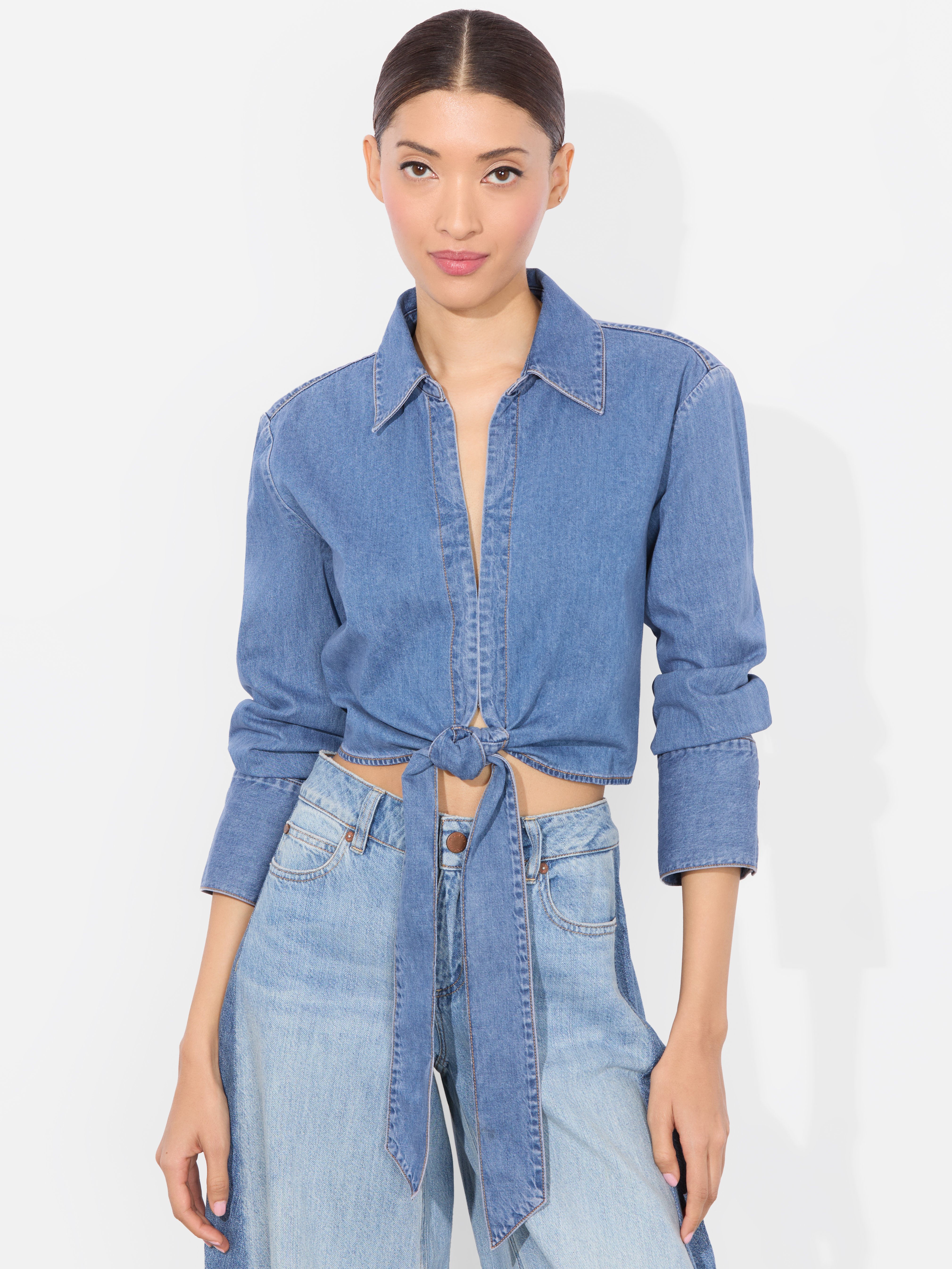 Alice And Olivia Hannon Chambray Tie Front Blouse