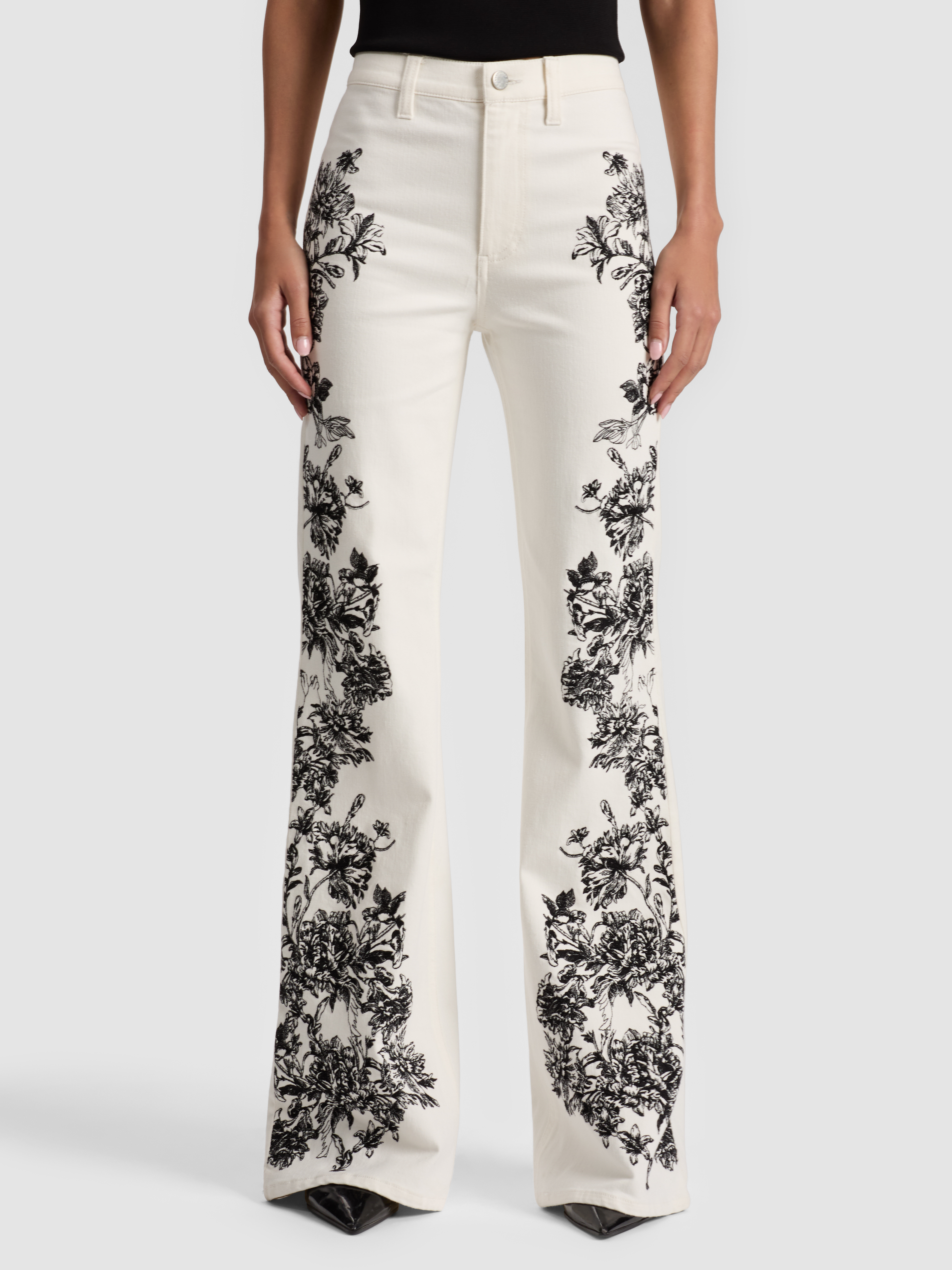 Alice And Olivia High Rise Embroidered Wide Leg Jeans In Off White Black In White