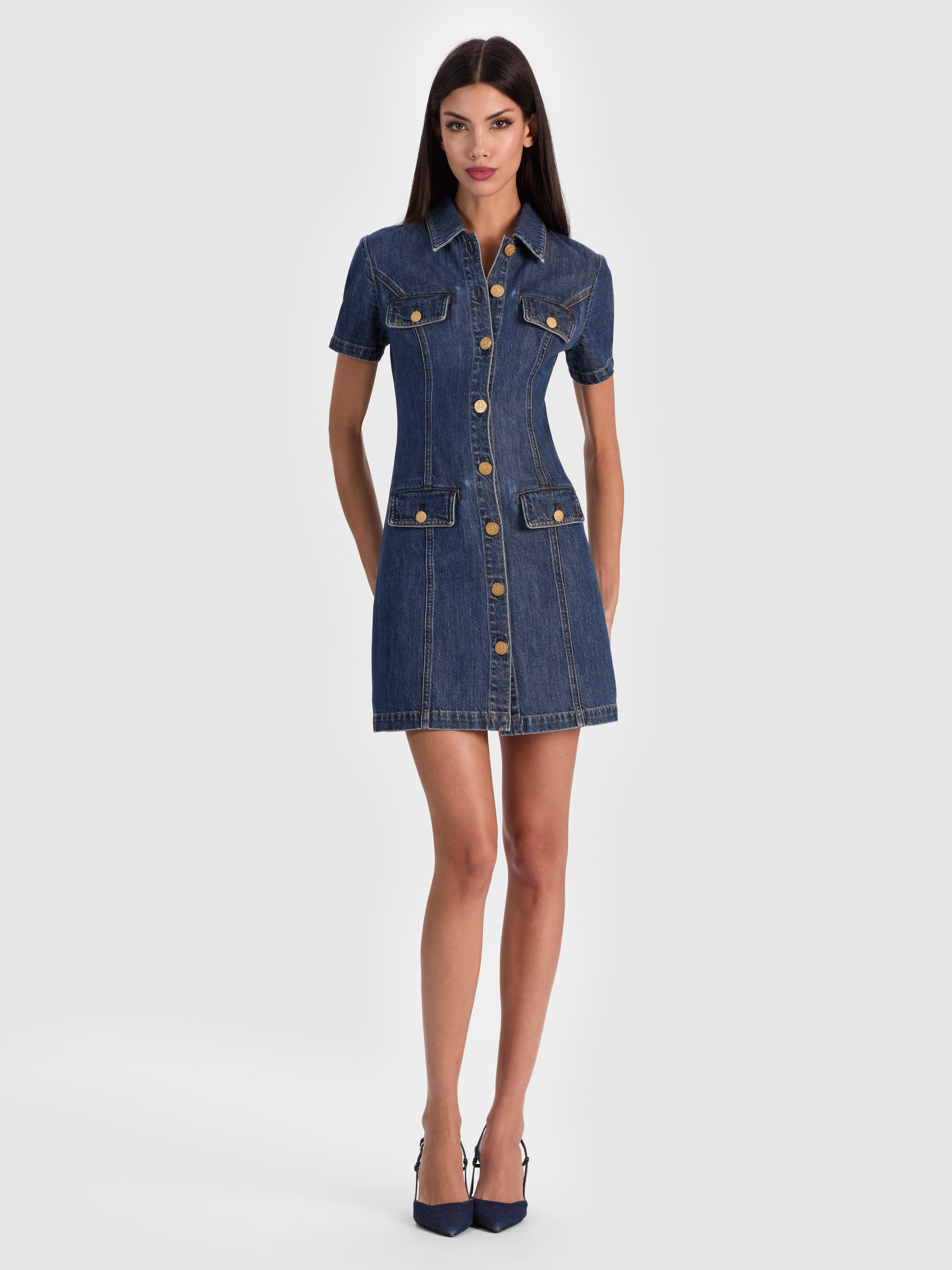 Alice And Olivia Jamie Collared Denim Shirtdress In Blue